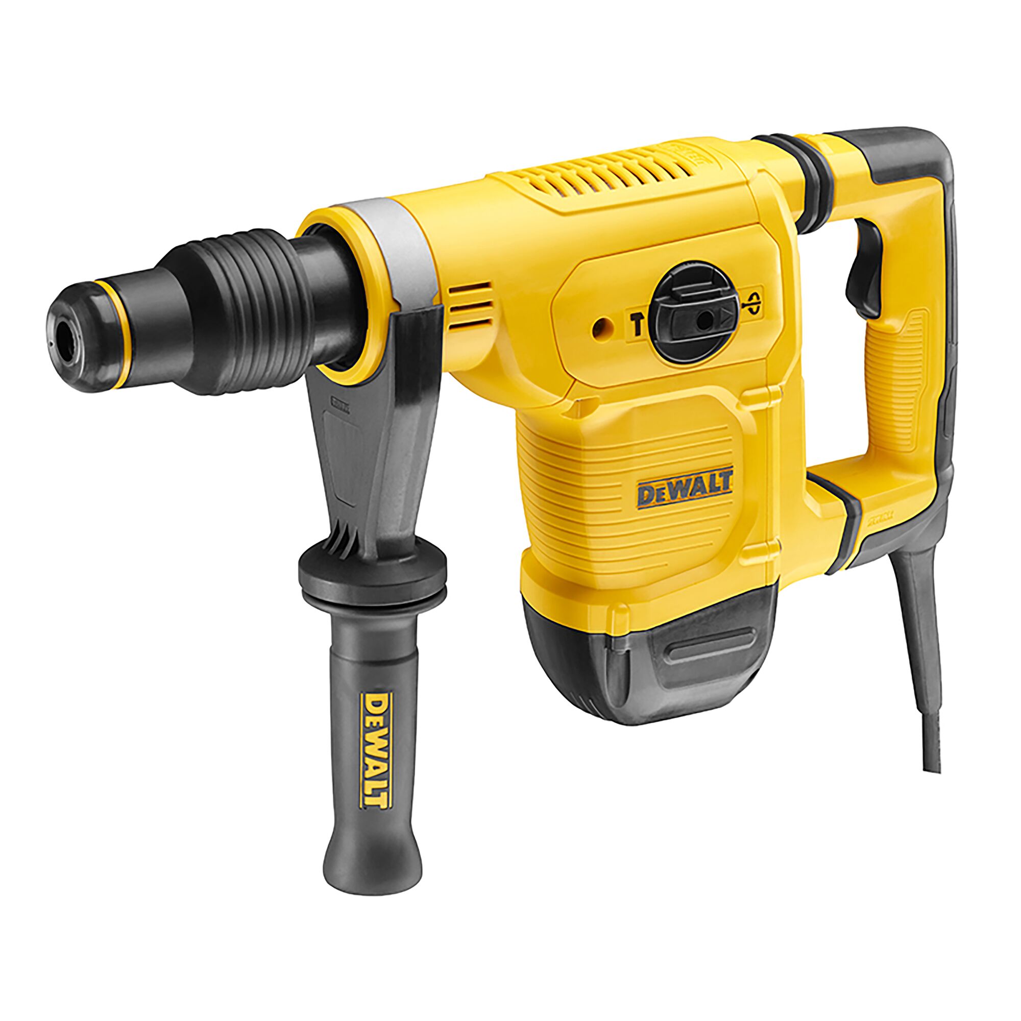 A yellow and black DEWALT corded rotary hammer with a side handle, shown against a white background.
