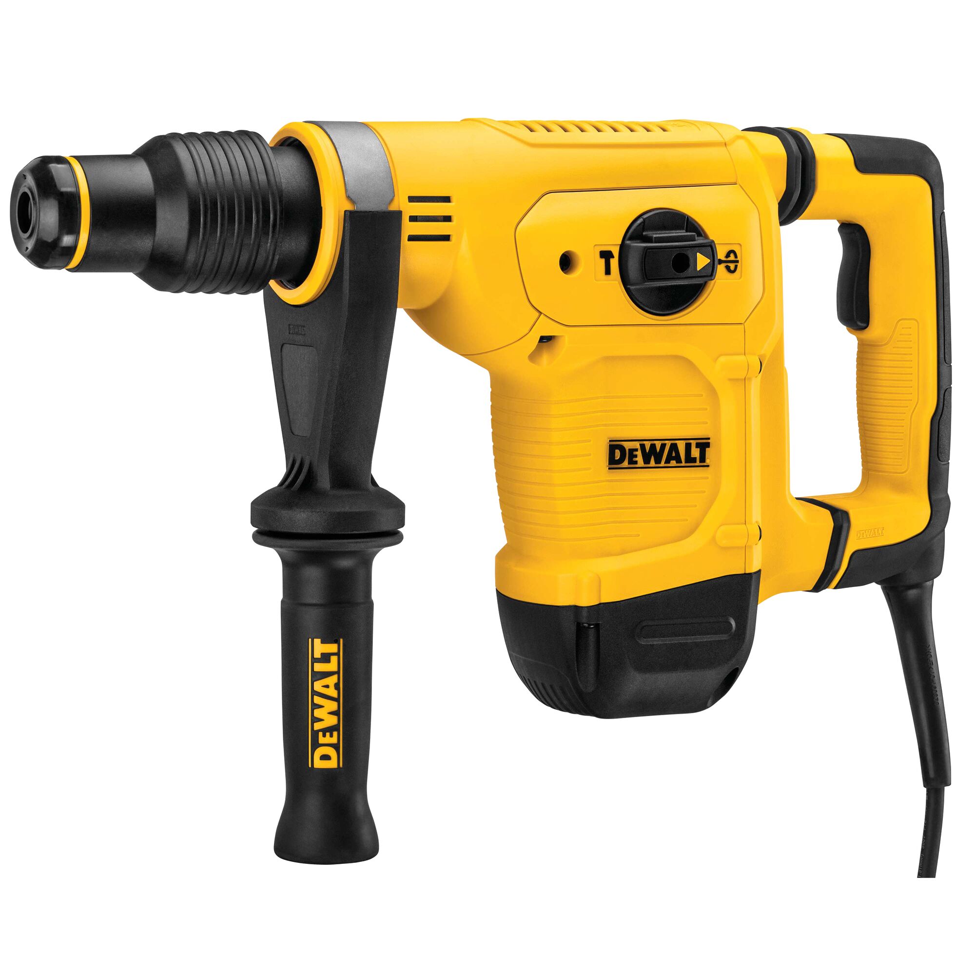 A yellow and black DEWALT electric rotary hammer drill with a side handle and cord, designed for heavy-duty use.