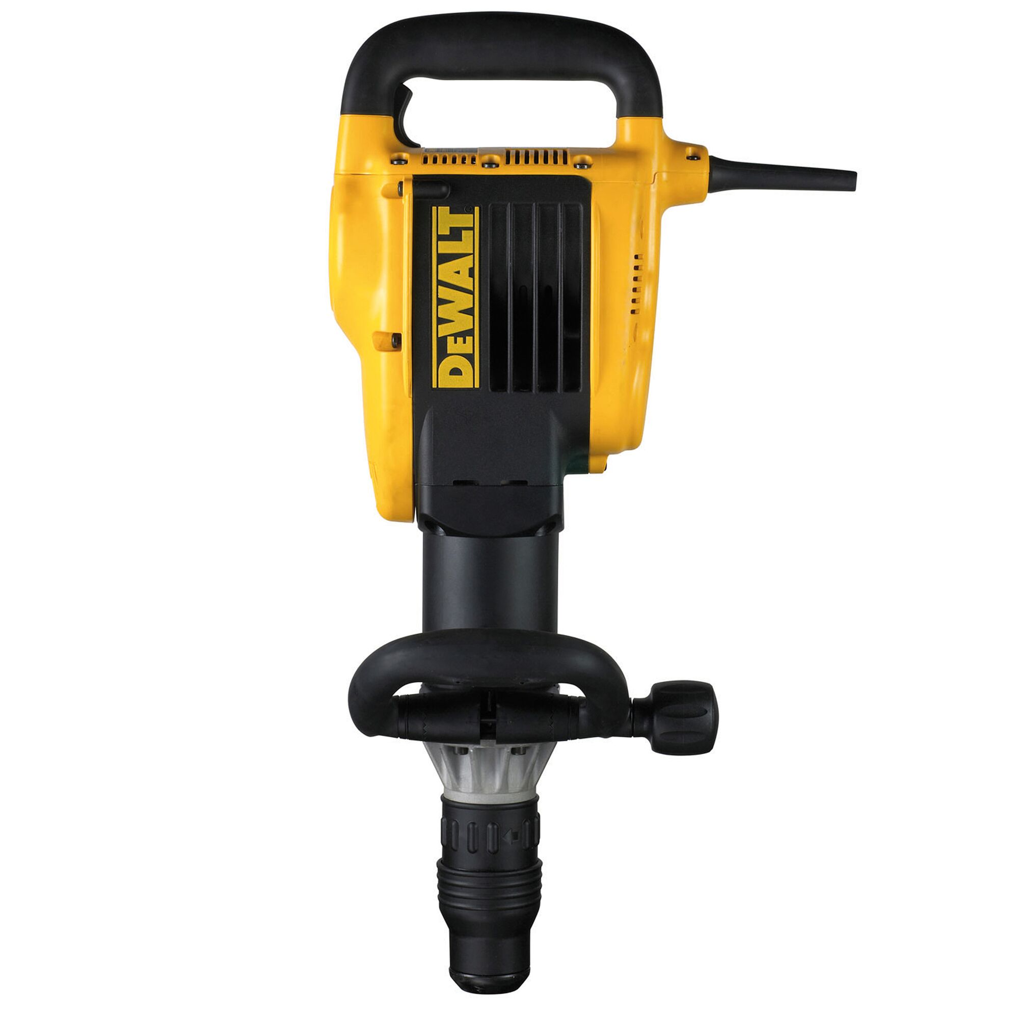 Front view of a DEWALT electric demolition hammer with a yellow and black body, designed for heavy-duty construction and demolition work.