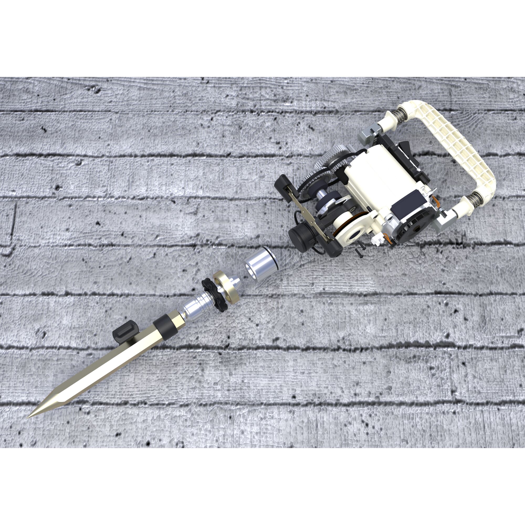 A mechanical tool with a pointed metal tip, various gears, and a handle, placed on a textured concrete surface.