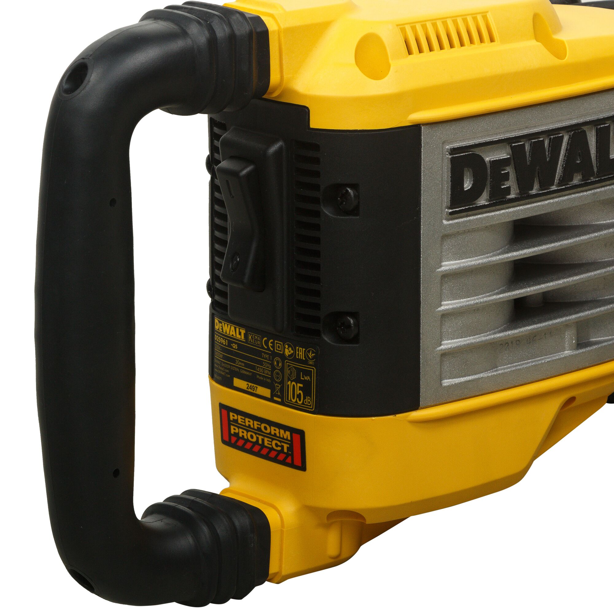 Close-up of a yellow and black DEWALT power tool, showing the handle, ventilation grills, and product label with Perform Protect marking.