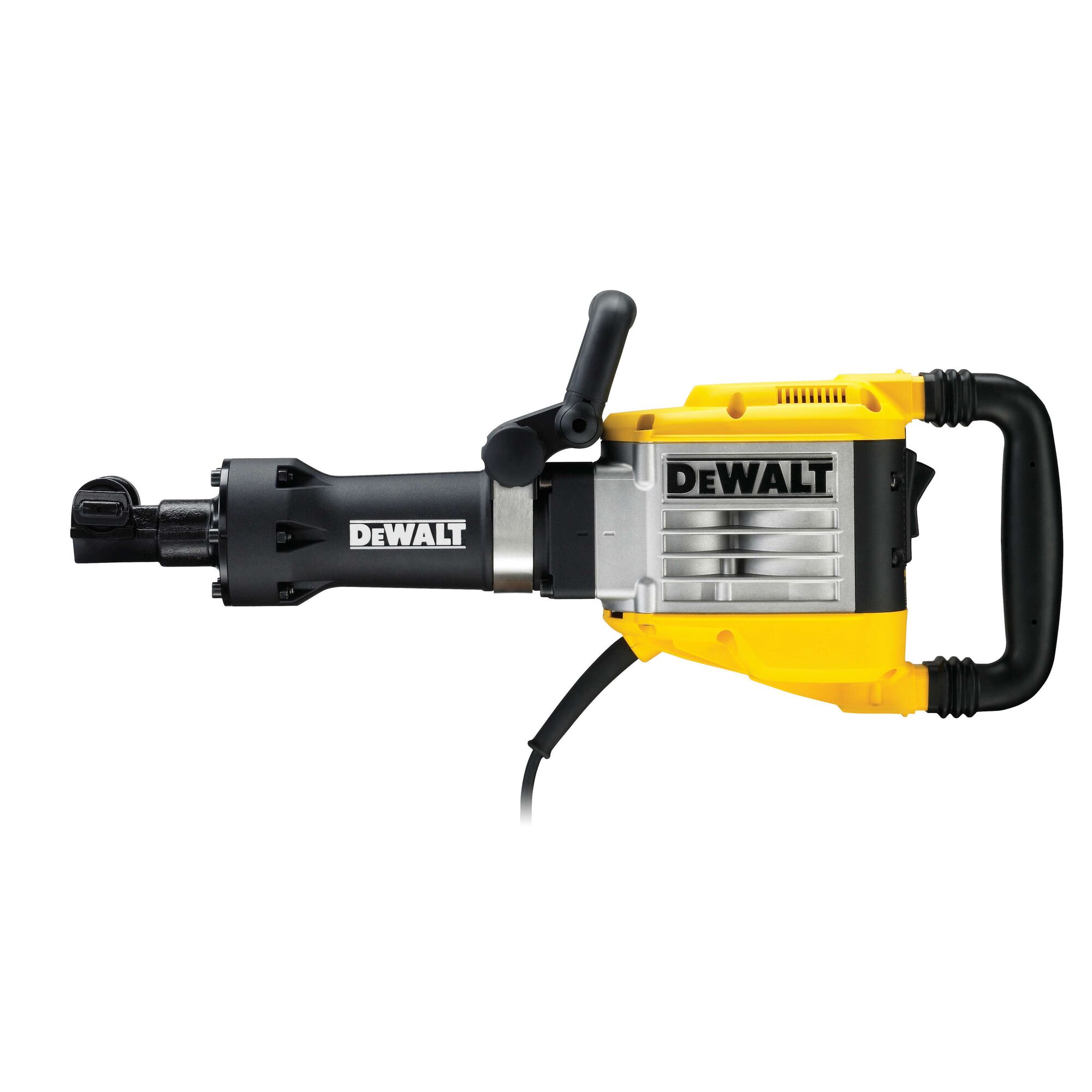 A DEWALT electric demolition hammer with a yellow and black body, handle, and power cord, shown against a white background.