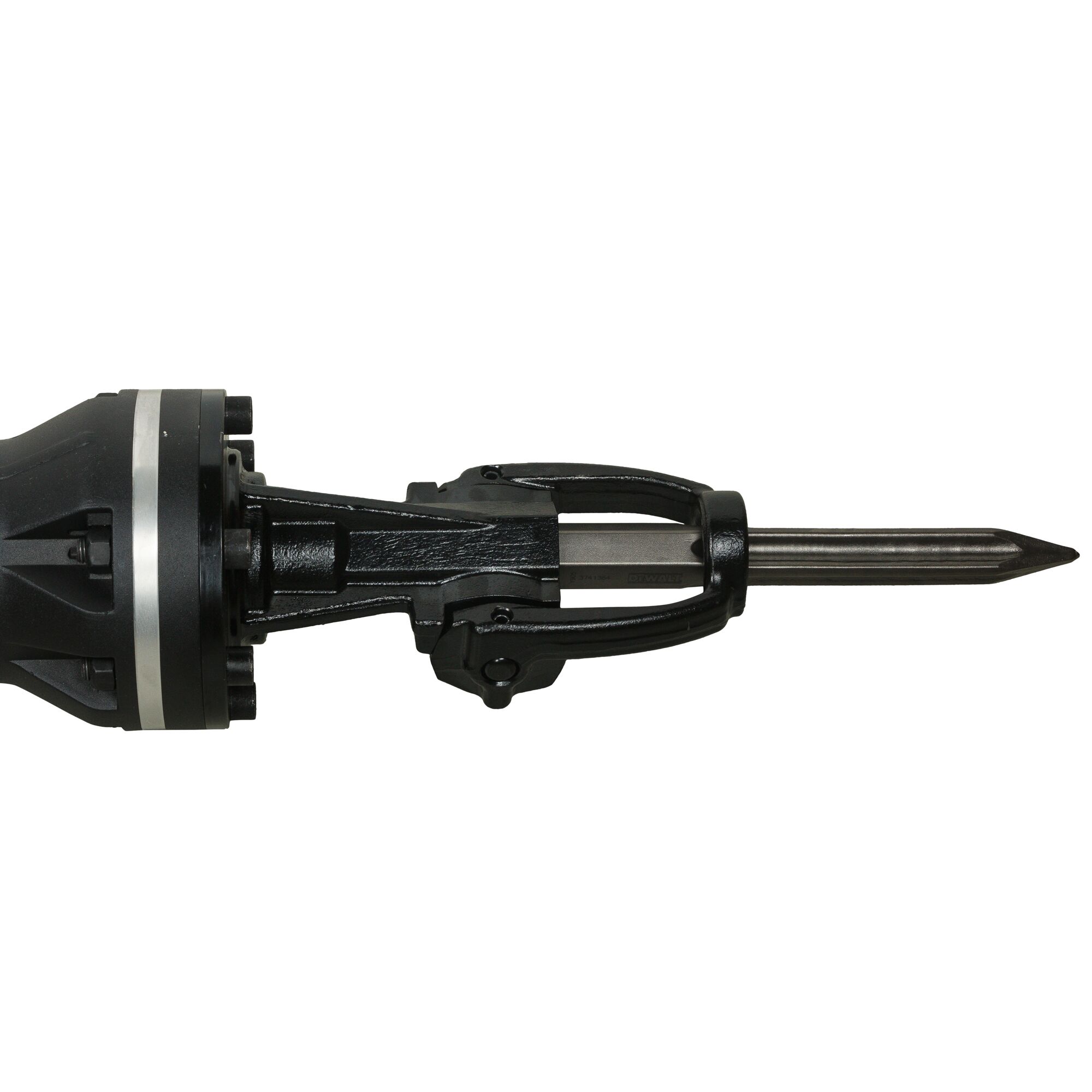 Close-up view of the front end of a DEWALT demolition hammer, showing the pointed chisel bit attachment.