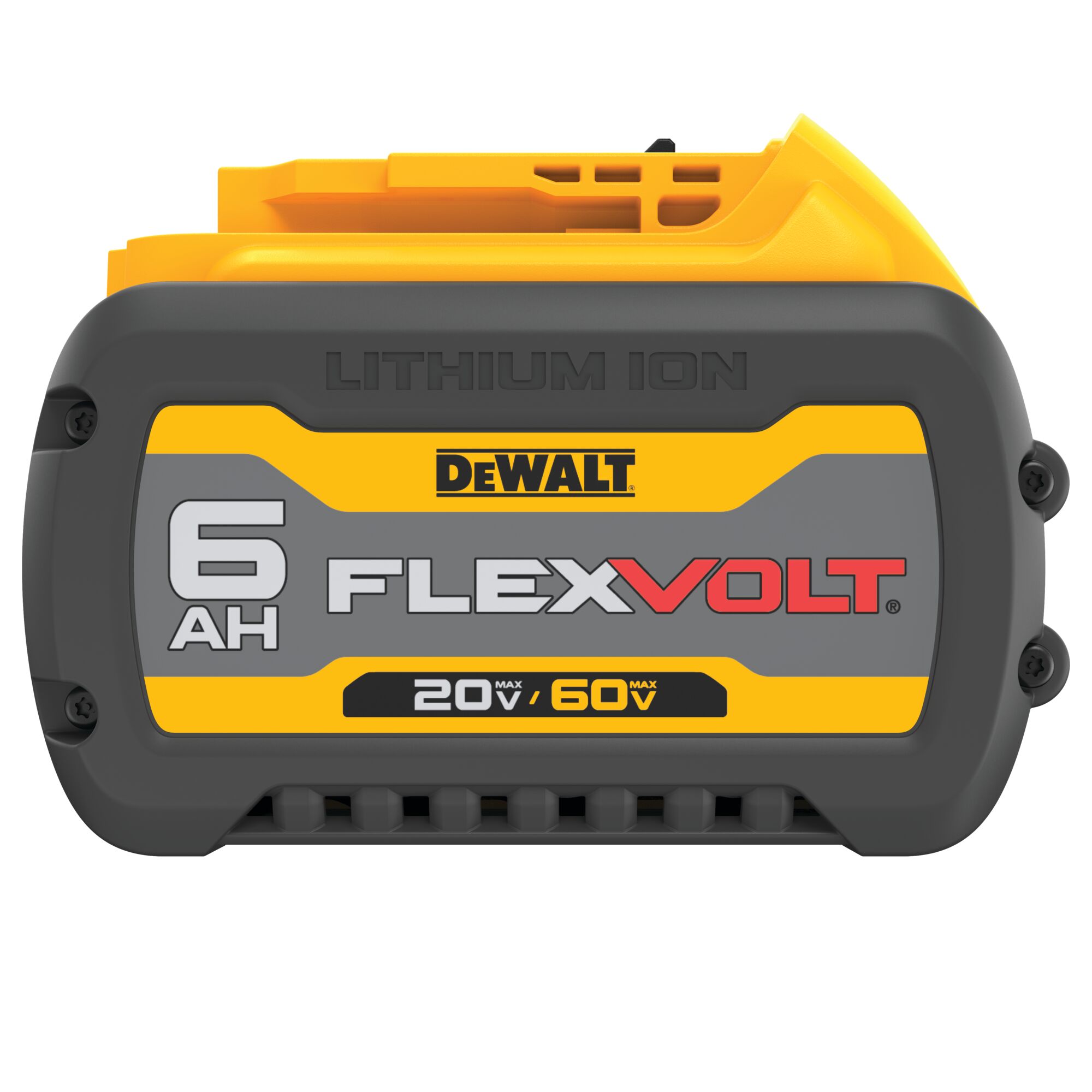 DEWALT FLEXVOLT lithium-ion battery with 6 amp hour capacity, showing yellow and gray casing and label with maximum 20V and 60V compatibility.