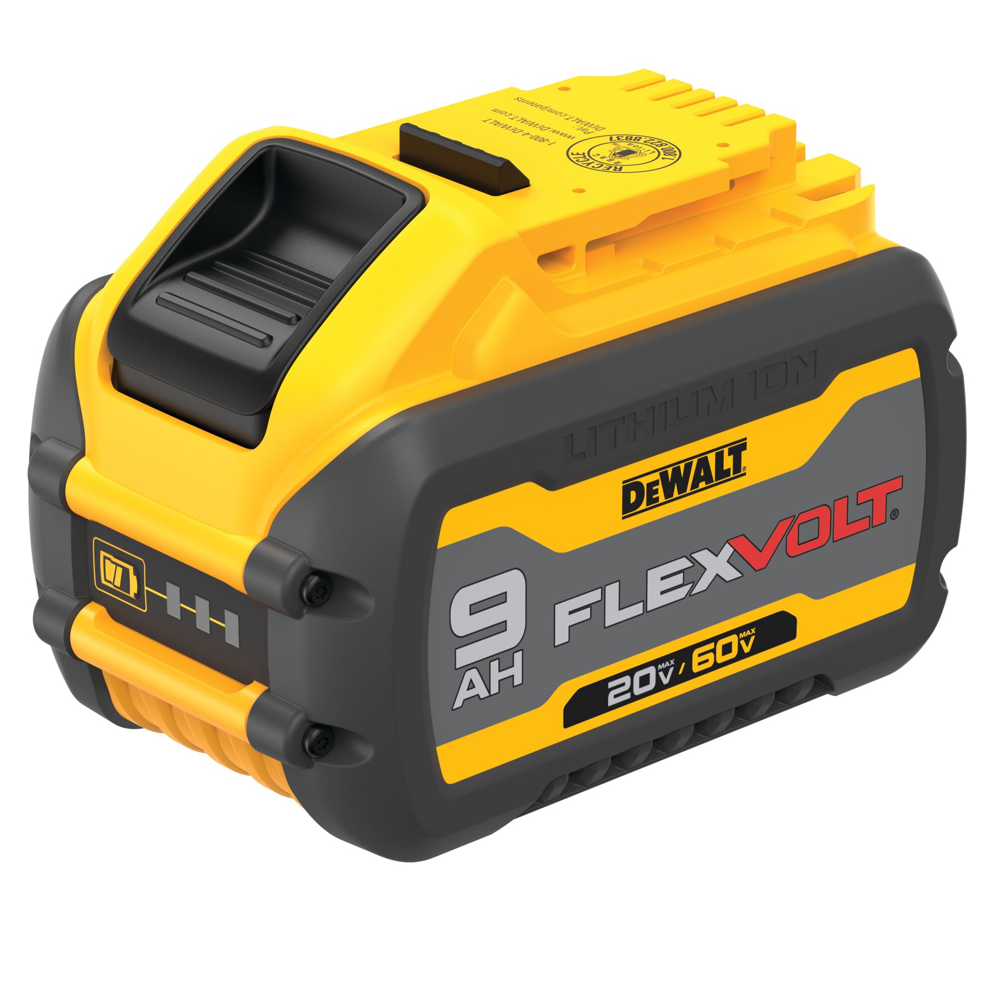 A DEWALT FLEXVOLT lithium-ion battery pack with a capacity of 9 AH, shown in yellow and black colors. The battery features voltage markings for 20V and 60V max and has charge indicator lights on the side.