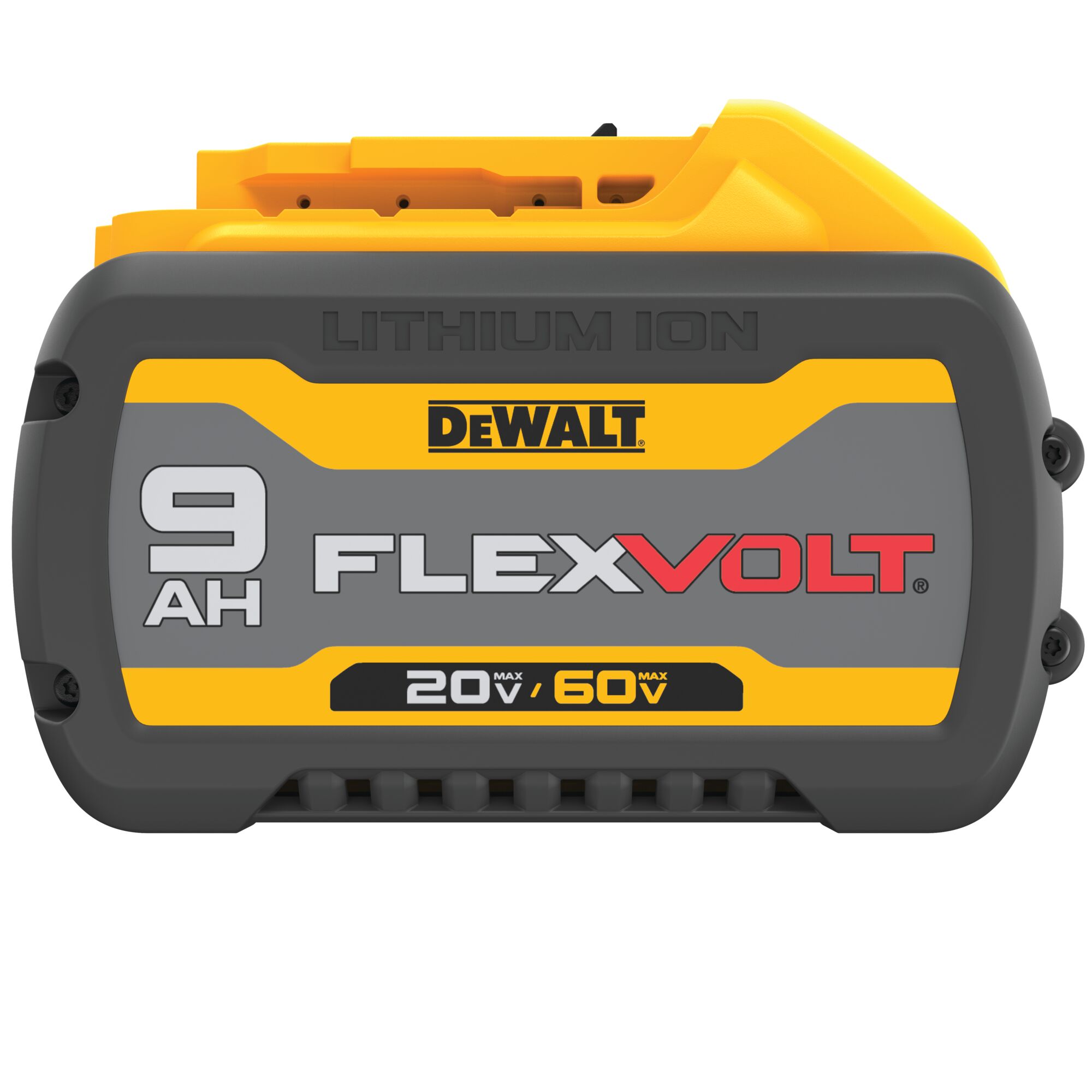 Close-up view of a DEWALT FLEXVOLT lithium-ion battery with 9 amp hours capacity, labeled for 20V and 60V maximum voltage.