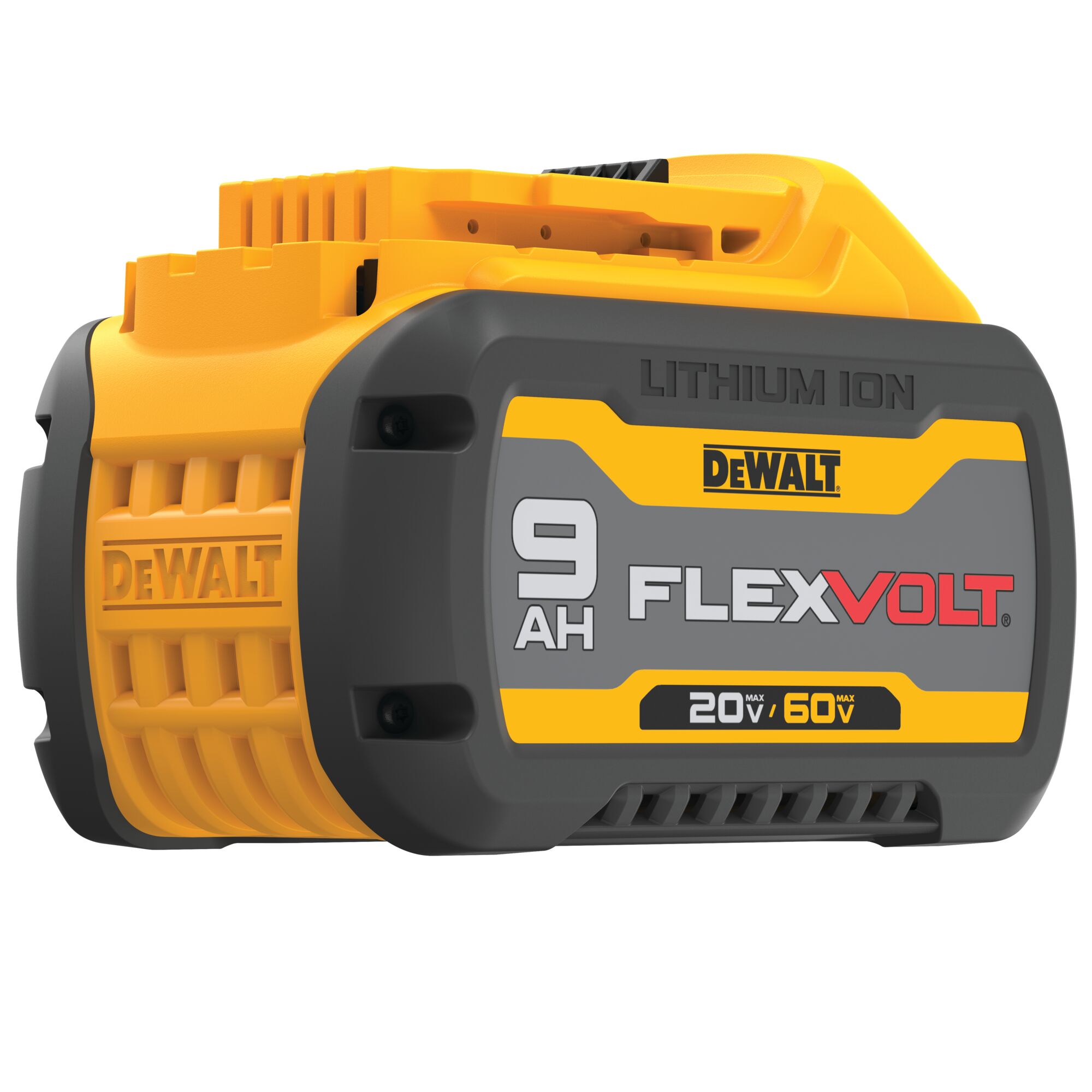 DEWALT FLEXVOLT lithium ion battery, 9 amp hours capacity, 20V/60V, model DCB609, shown in close-up with yellow and black casing.