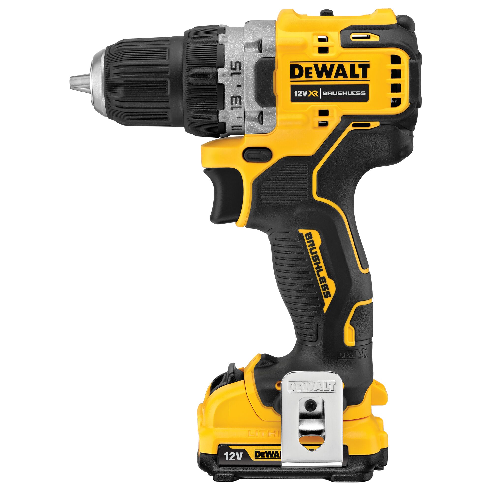 A DEWALT 12V XR brushless cordless drill with a yellow and black design, featuring a metal clip and ergonomic handle.