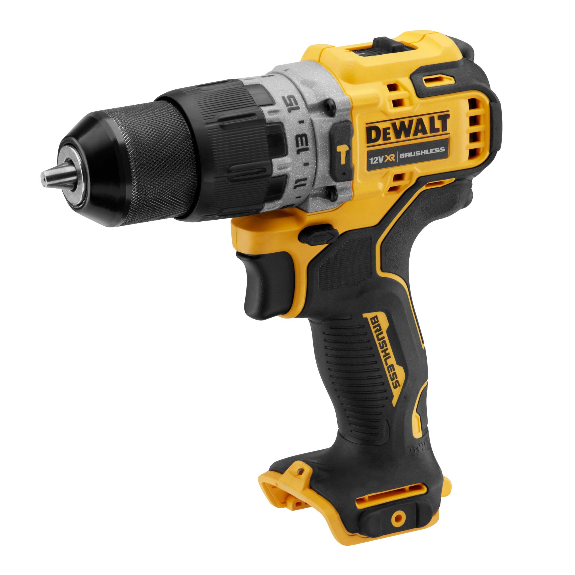 A DEWALT cordless brushless drill, model DCD706N, shown in yellow and black with a comfortable grip and adjustable settings.