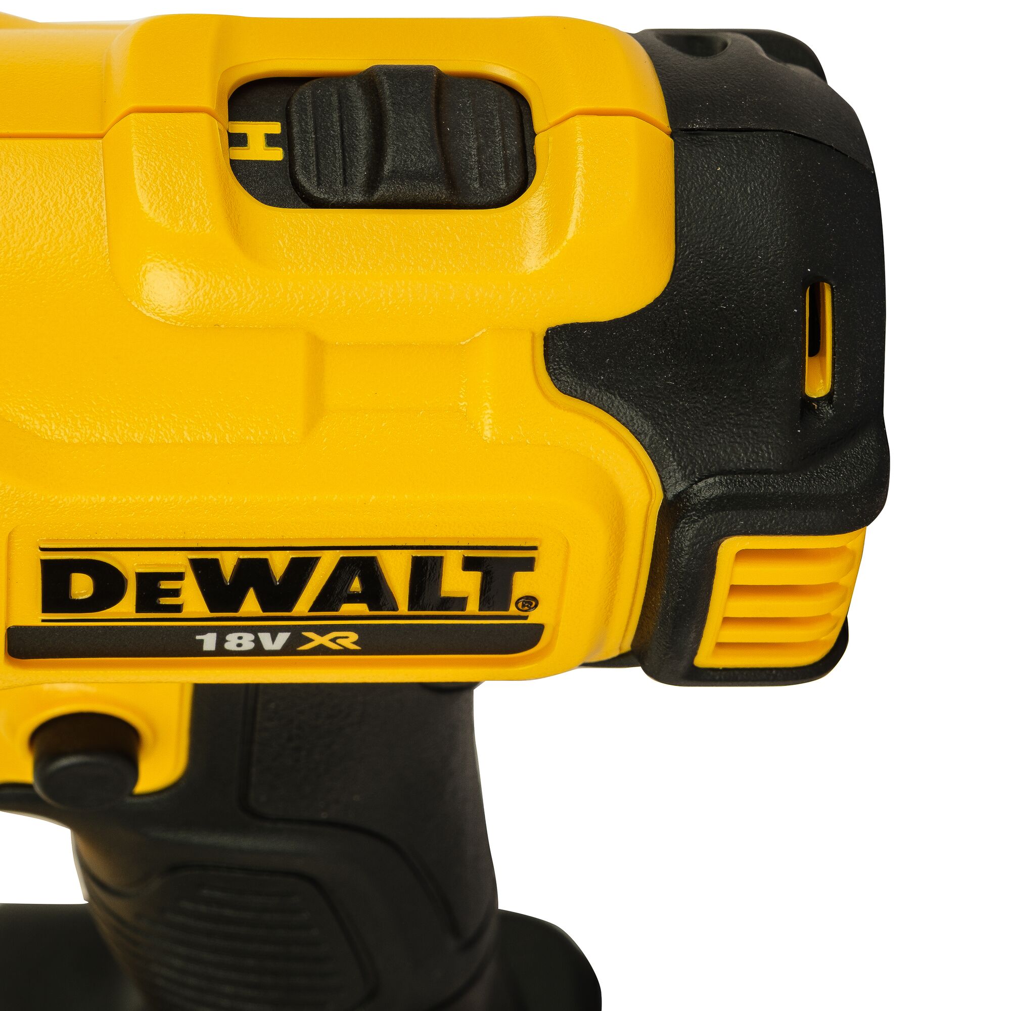 Close-up view of a DEWALT 18V XR yellow and black cordless tool, showing the brand logo and part of the handle.