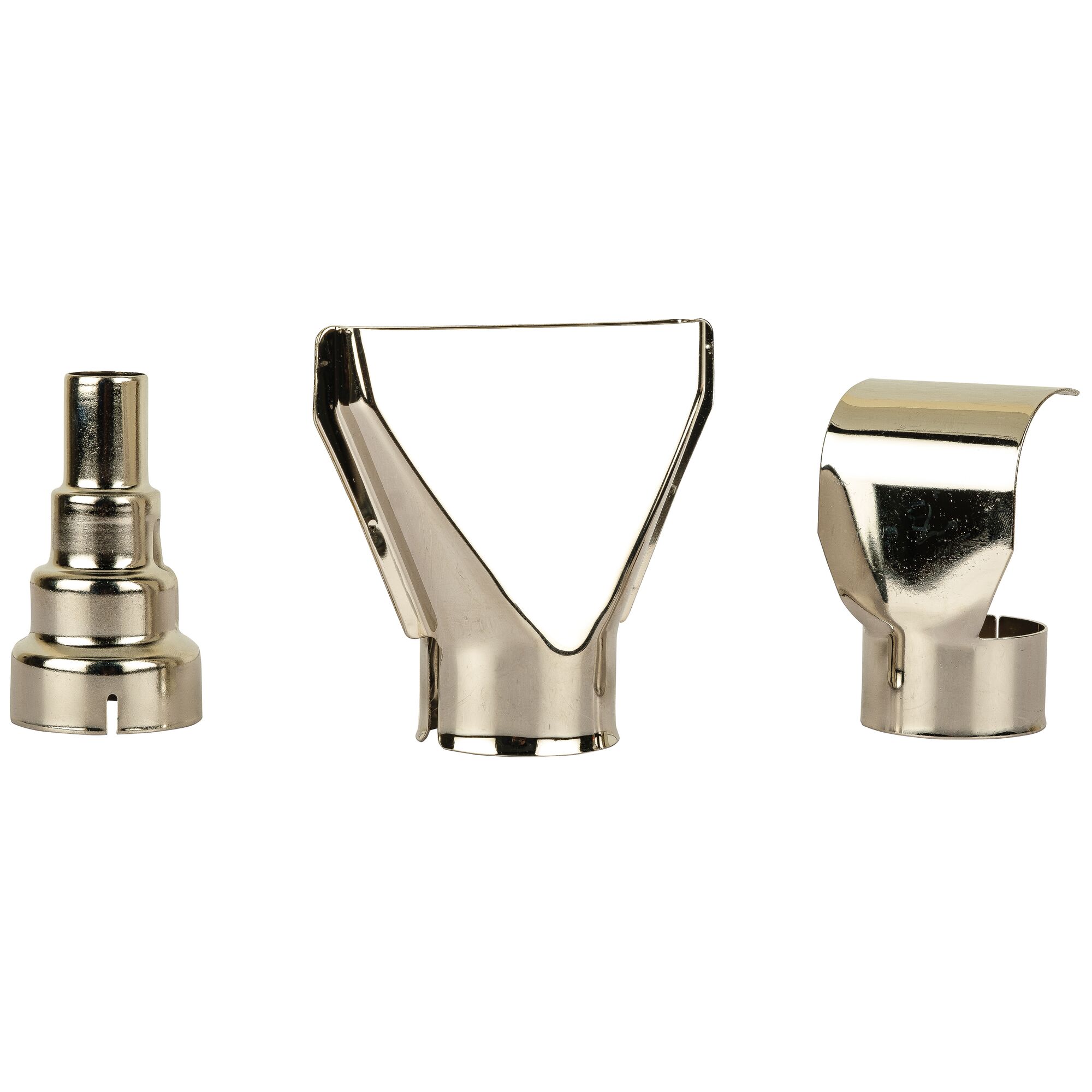 Three metallic heat gun nozzles are shown, each with a distinct shape and design for different applications, standing side by side against a white background.