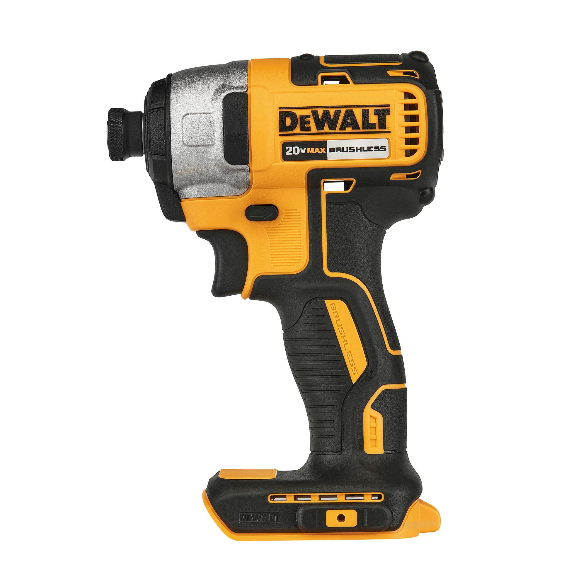 A DEWALT 20V Max brushless impact driver, model DCF7871N, shown in a side view. The tool features a compact, ergonomic design with yellow and black color accents and a textured grip. The battery slot is visible at the base.