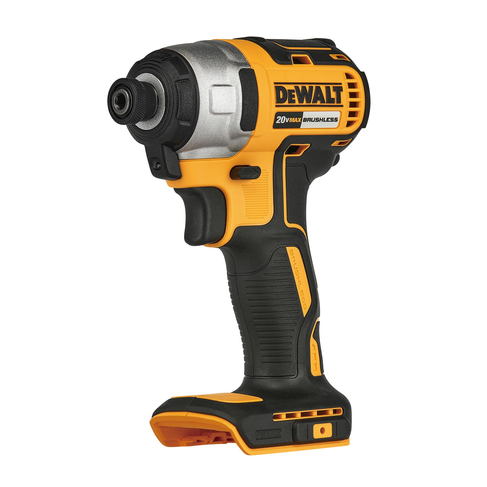 A DEWALT 20V cordless brushless impact driver, shown in yellow and black, with ergonomic grip and labeled 'DCF7871N'. The tool is designed for heavy-duty fastening tasks without a battery attached.