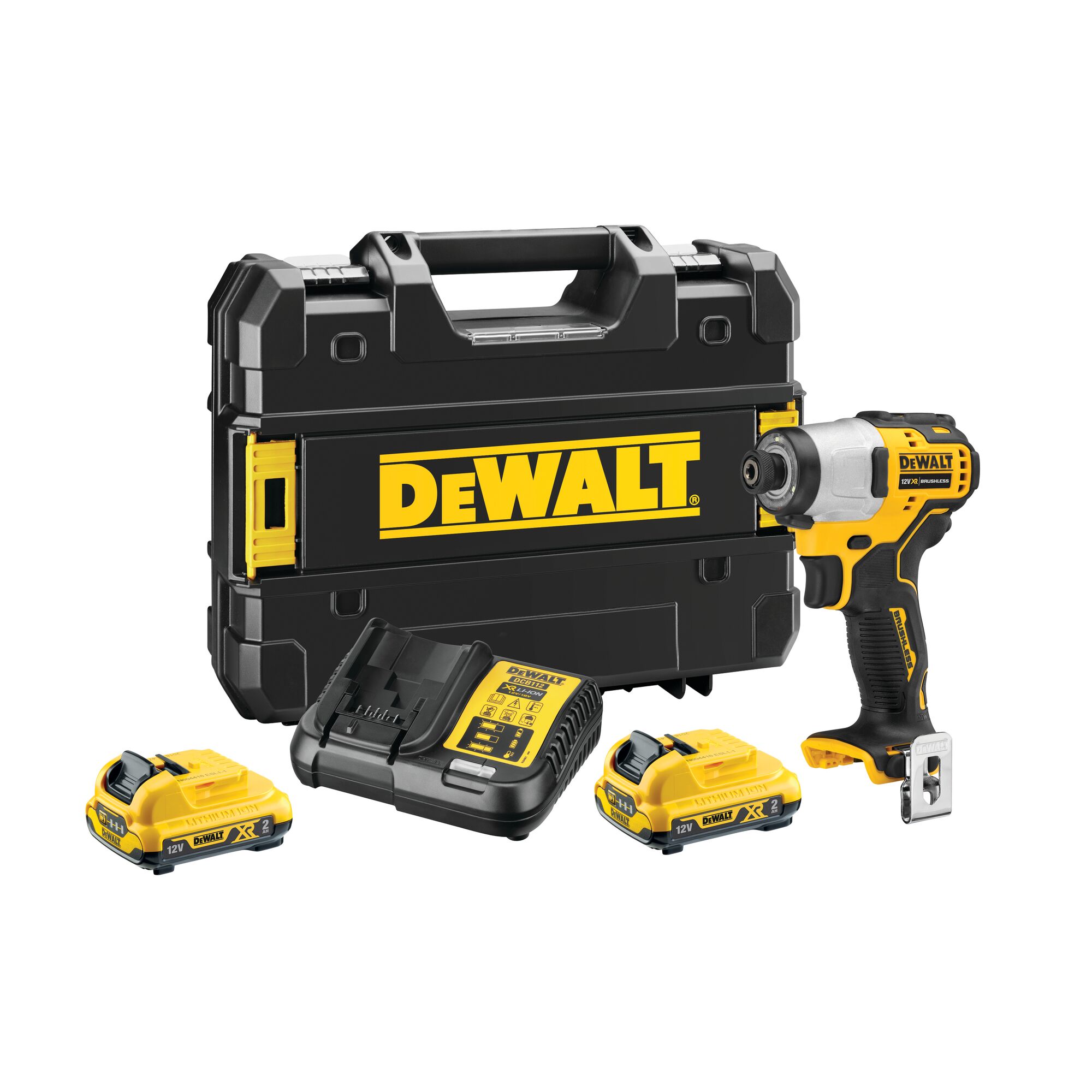 A DEWALT cordless impact driver kit is shown, including a black carrying case with the DEWALT logo, a yellow and black impact driver, two rechargeable batteries, and a battery charger.