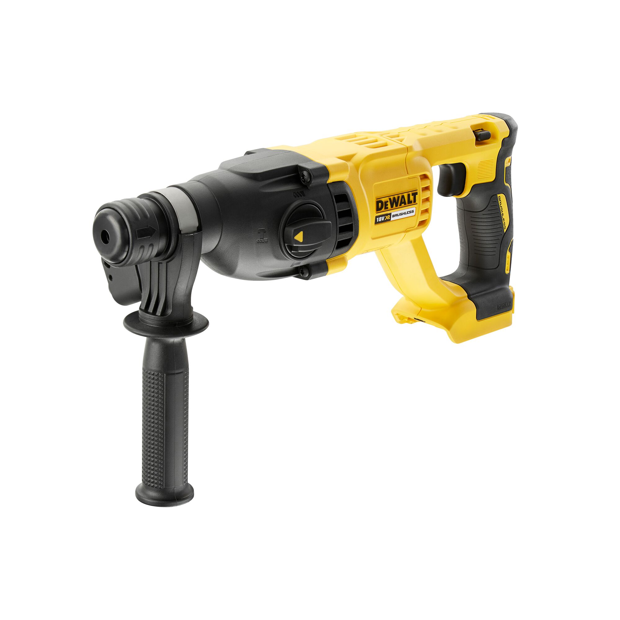 Yellow and black DEWALT cordless rotary hammer drill with side handle, model DCH133N.