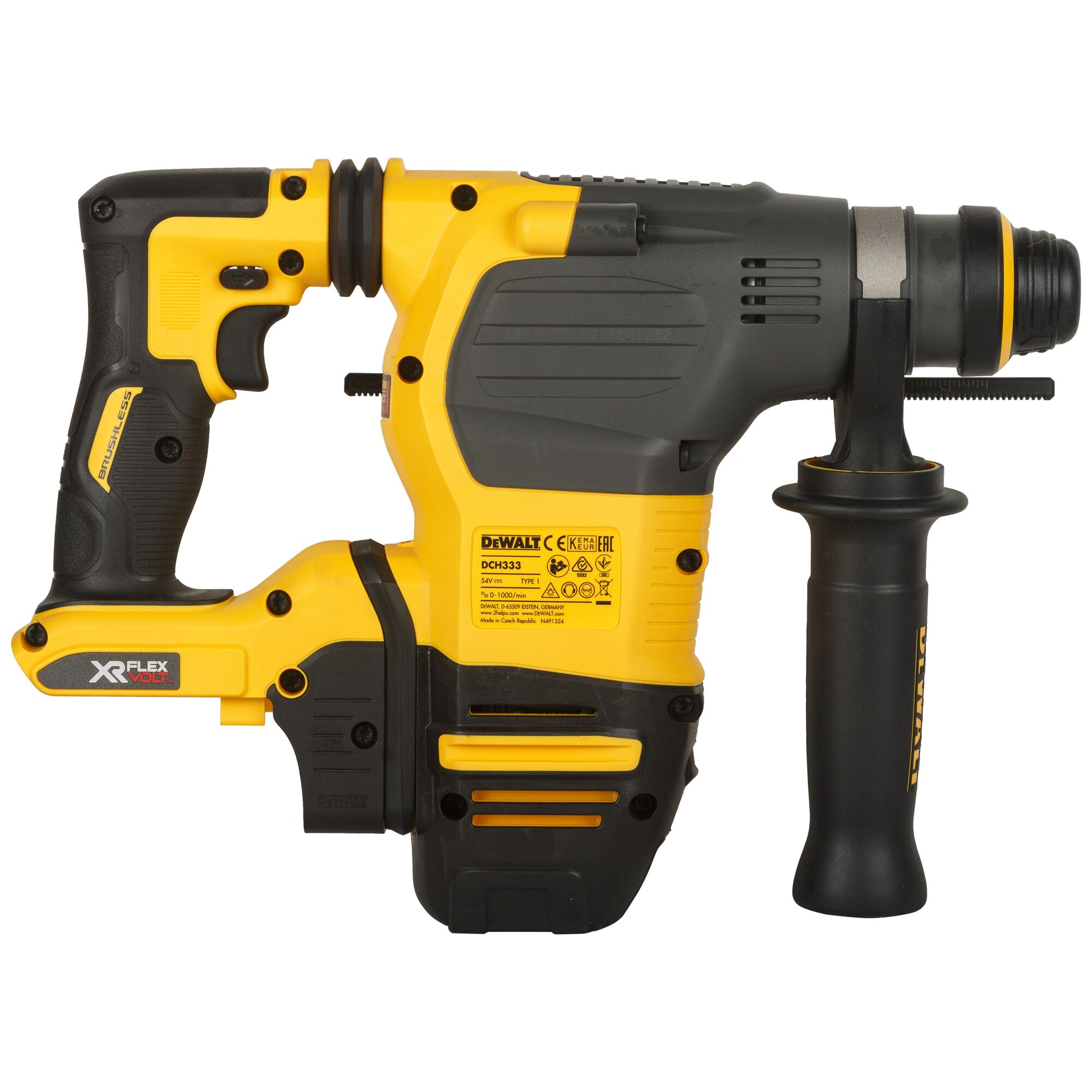 Cordless DEWALT DCH333NT hammer drill with ergonomic handle and yellow and black body, featuring XR FLEXVOLT technology.