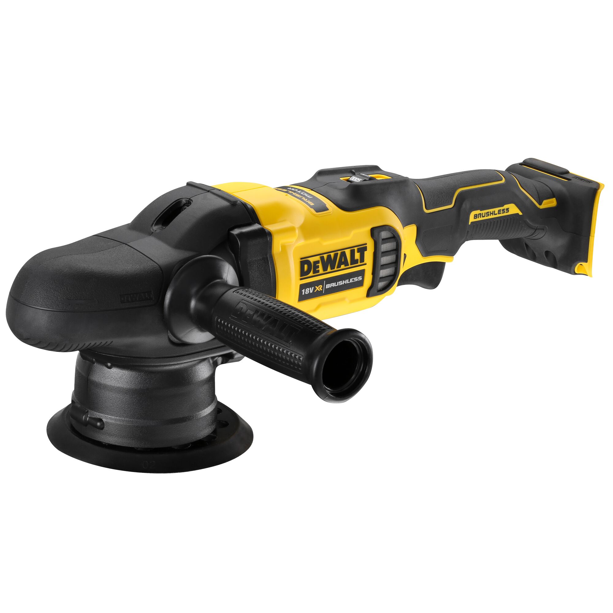 Cordless DEWALT DCM848N polisher in yellow and black, with a side handle for grip.