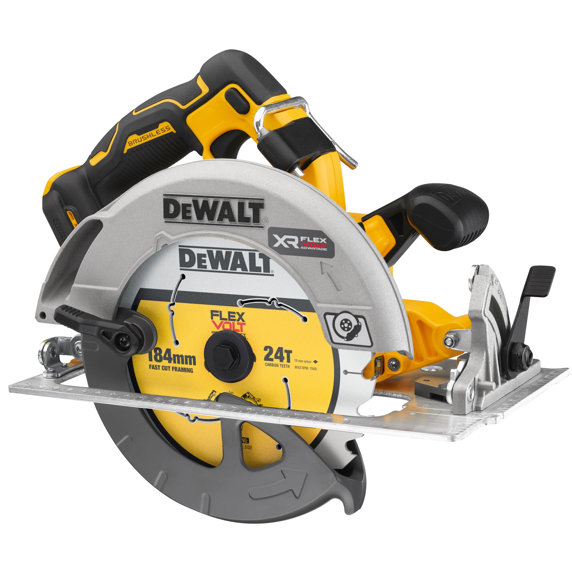 A DEWALT branded cordless circular saw with a yellow and black handle, brushless motor, and a 184mm blade, designed for fast cutting and framing. The model shown is the XR FlexVolt with 24 carbide teeth.
