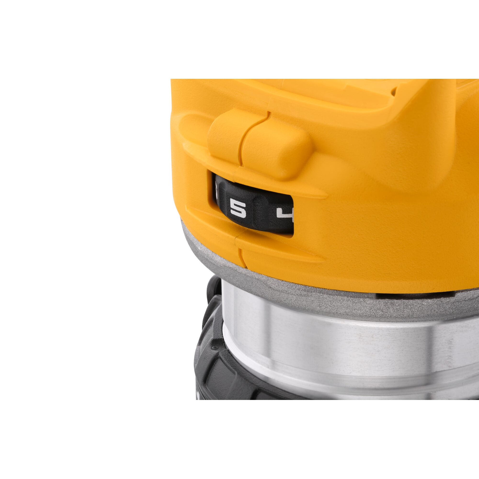 Close-up view of the adjustable dial and control on a DEWALT power tool with a yellow casing, showing numbers 4 and 5.