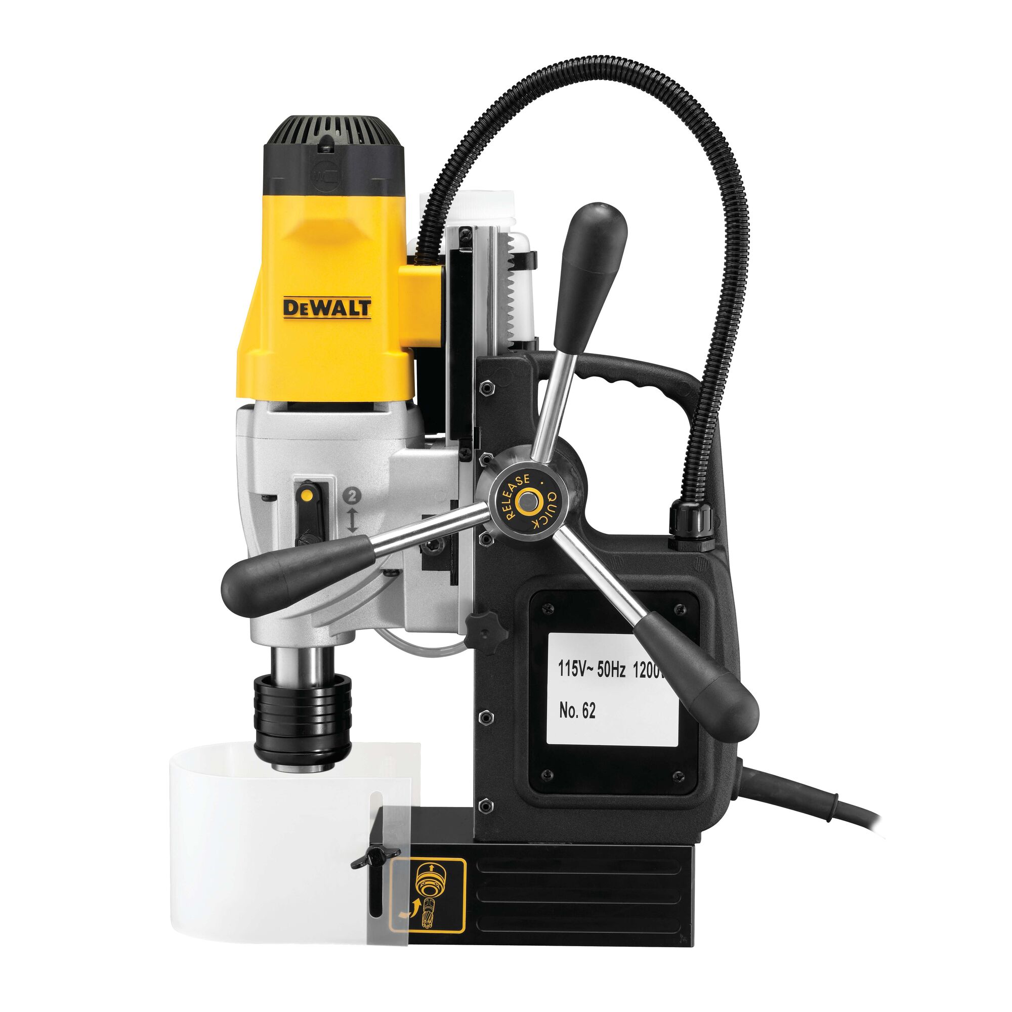 A DEWALT DWE1622K magnetic drill press machine with a yellow motor, black base, control handles, and a cable, displayed against a white background.