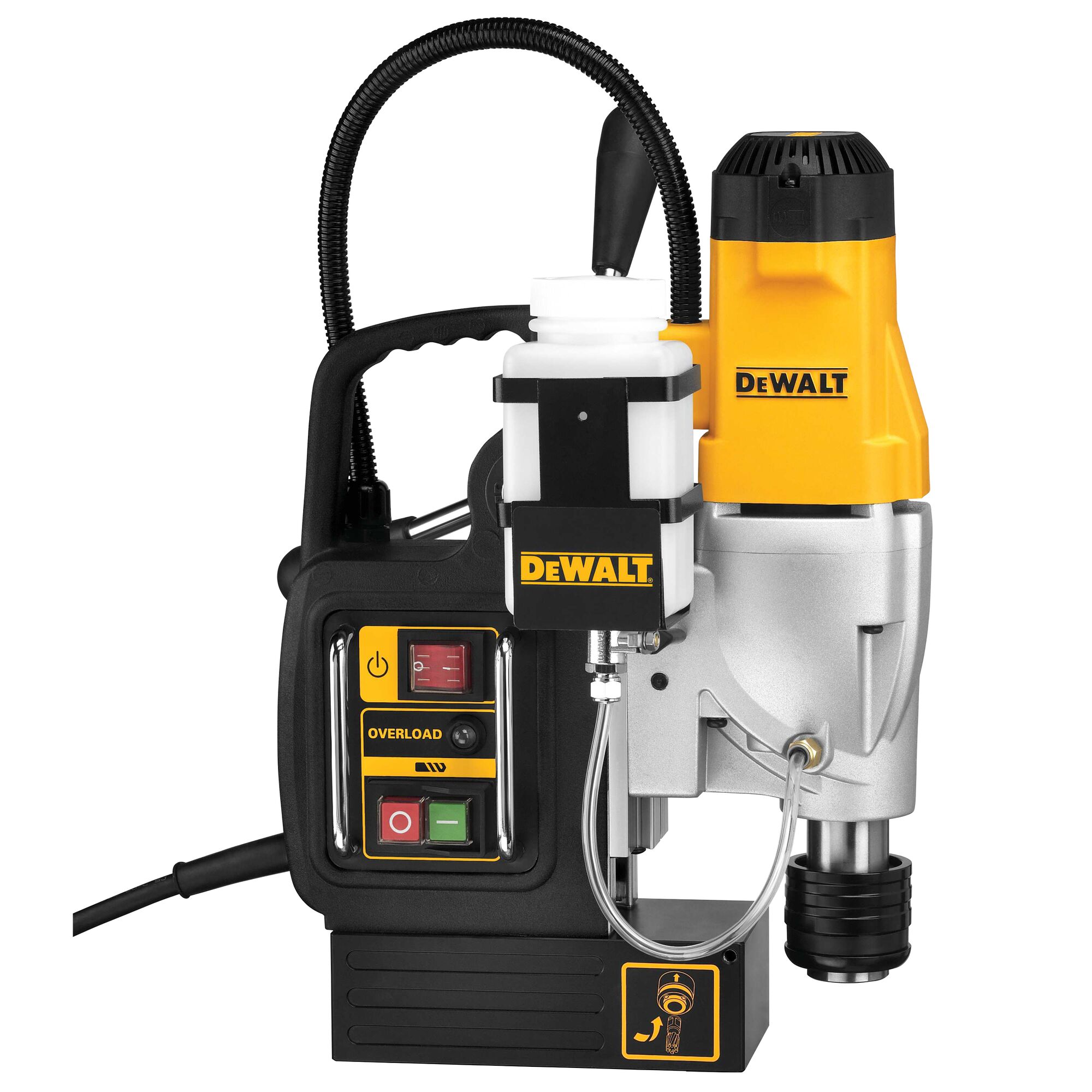 Close-up image of a DEWALT DWE1622K magnetic drill press with a yellow and black body, control panel featuring power and overload buttons, attached coolant bottle, and sturdy metal base.