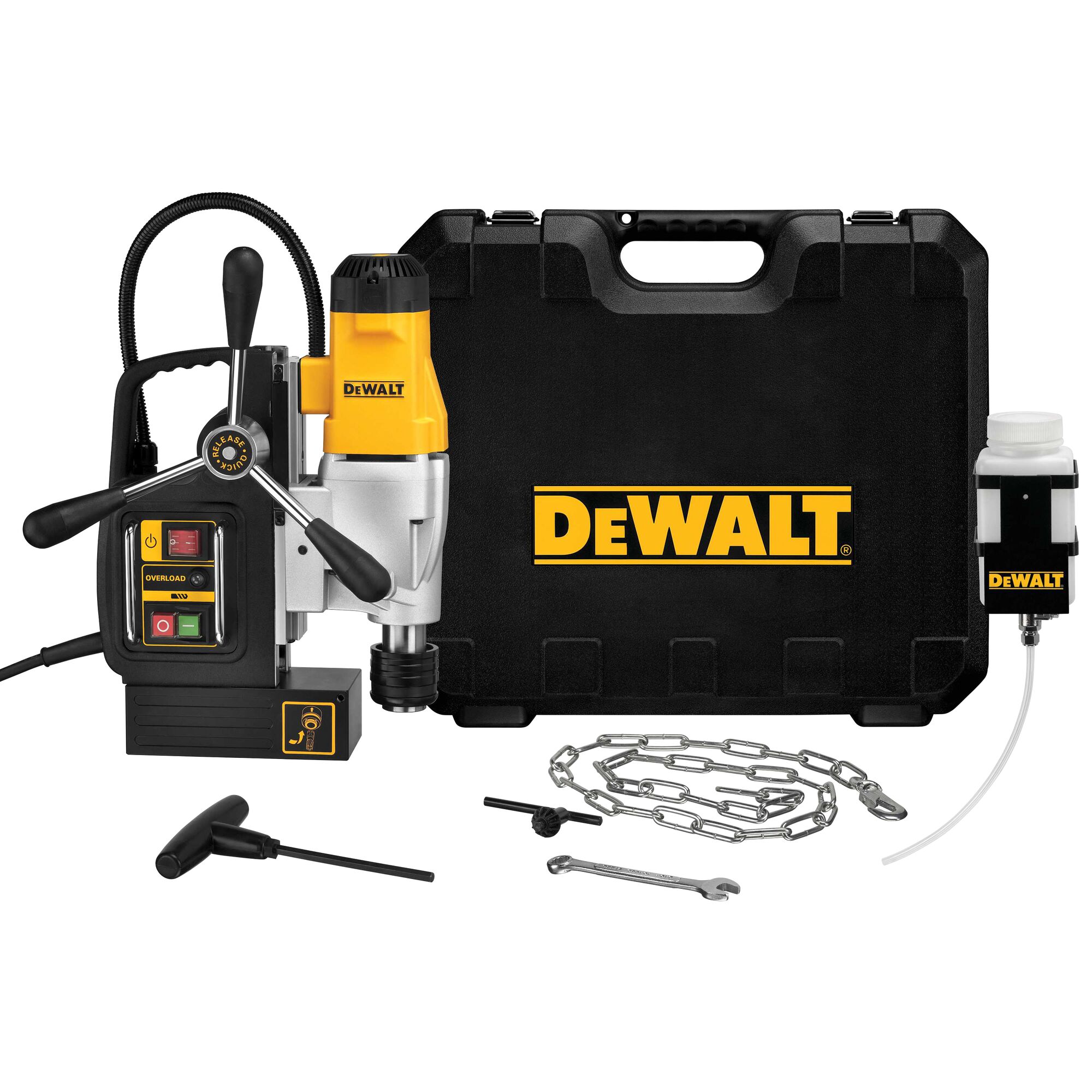 A DEWALT DWE1622K magnetic drill press kit shown with its accessories, including a black carrying case with the DEWALT logo, a magnetic drill press machine, lubricant bottle, chain, wrench, and other tool components.