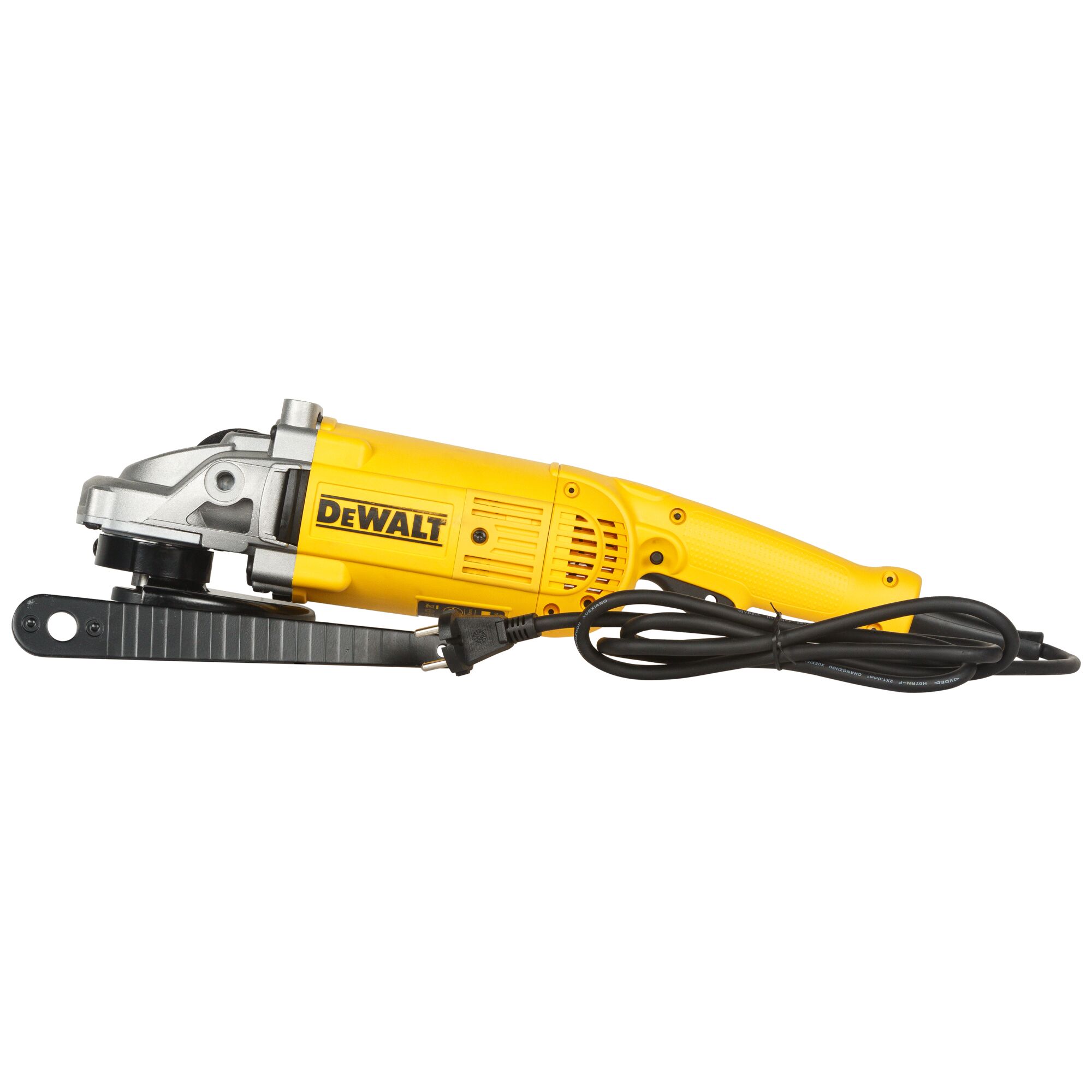A yellow DEWALT electric angle grinder with a cord, model DWE493, placed on a white background.