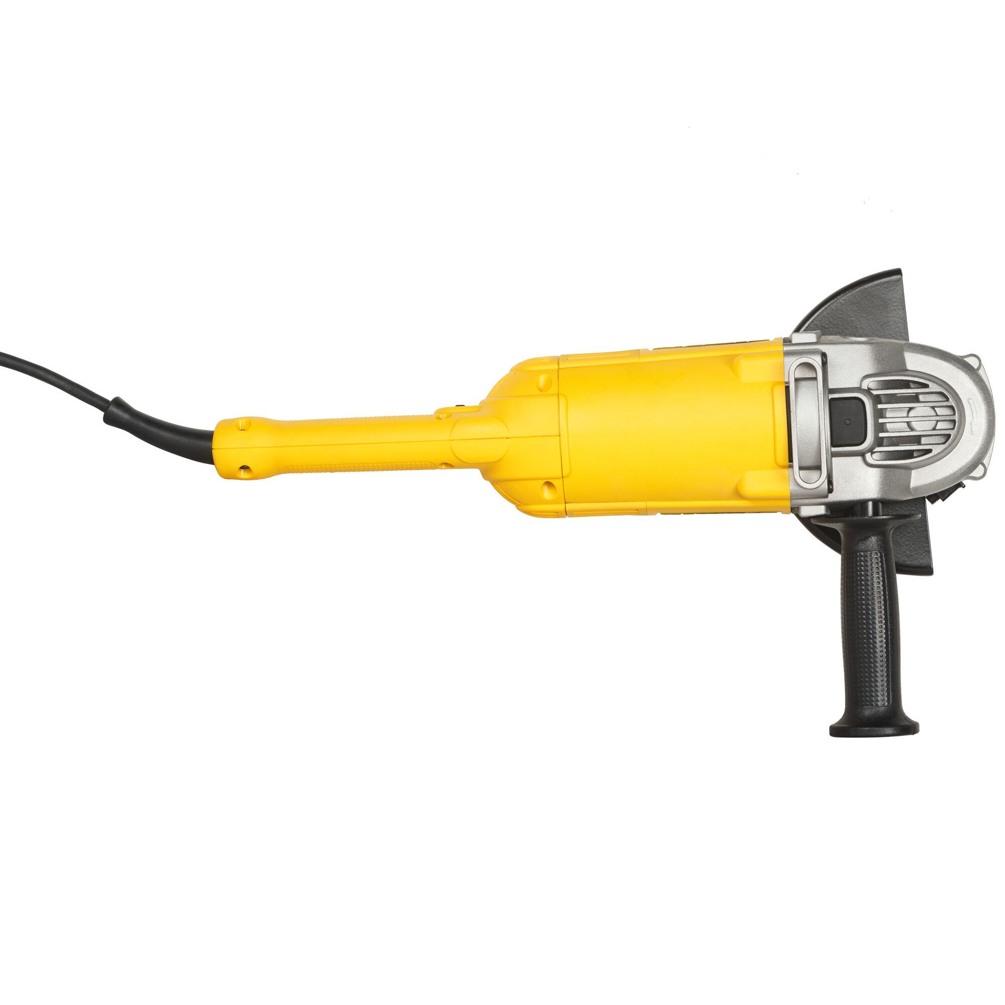 A yellow and black DEWALT electric angle grinder with a side handle, viewed from above against a white background.
