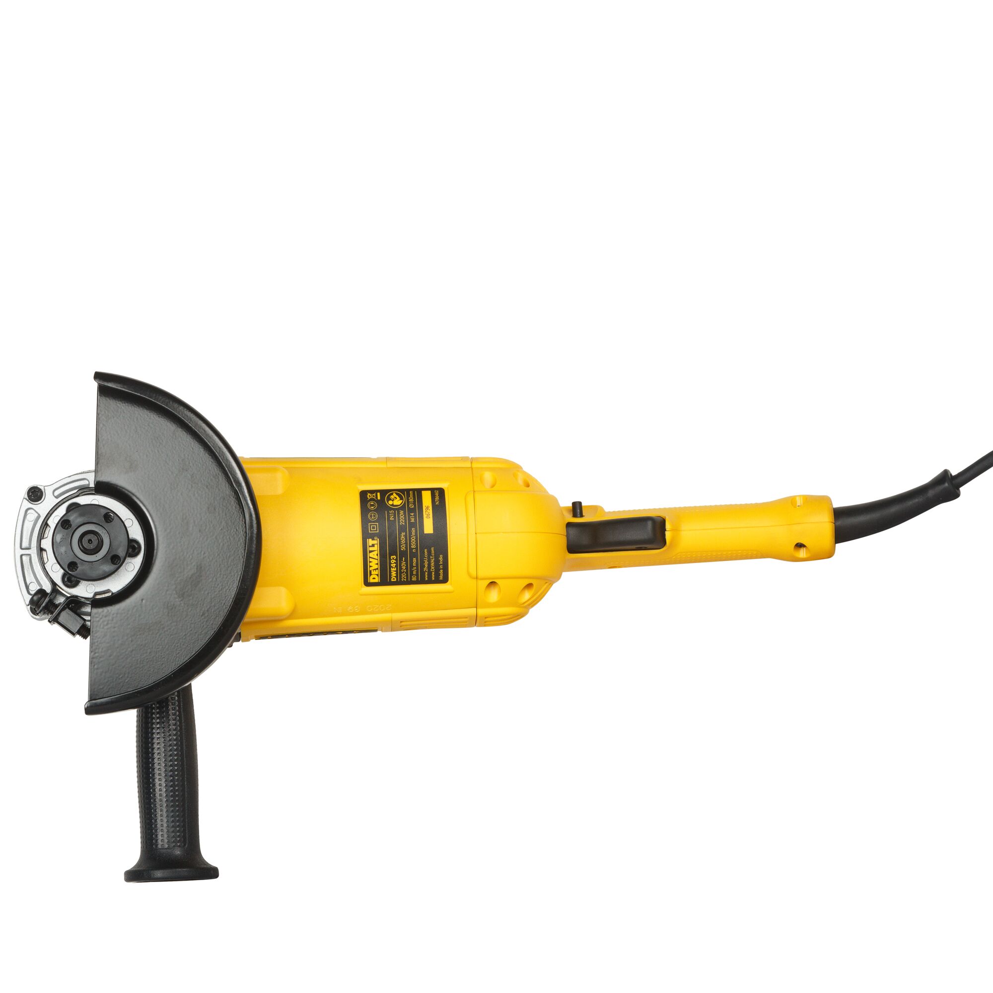 A yellow DEWALT DWE493 angle grinder with a black handle and guard, photographed on a white background.