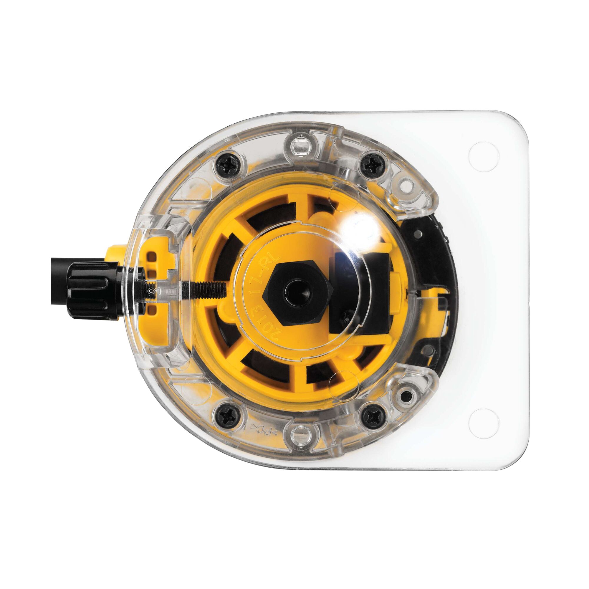 Top view of a DEWALT DWE6000 compact router base, showing its yellow and black motor housing and transparent plastic guard with visible screws.