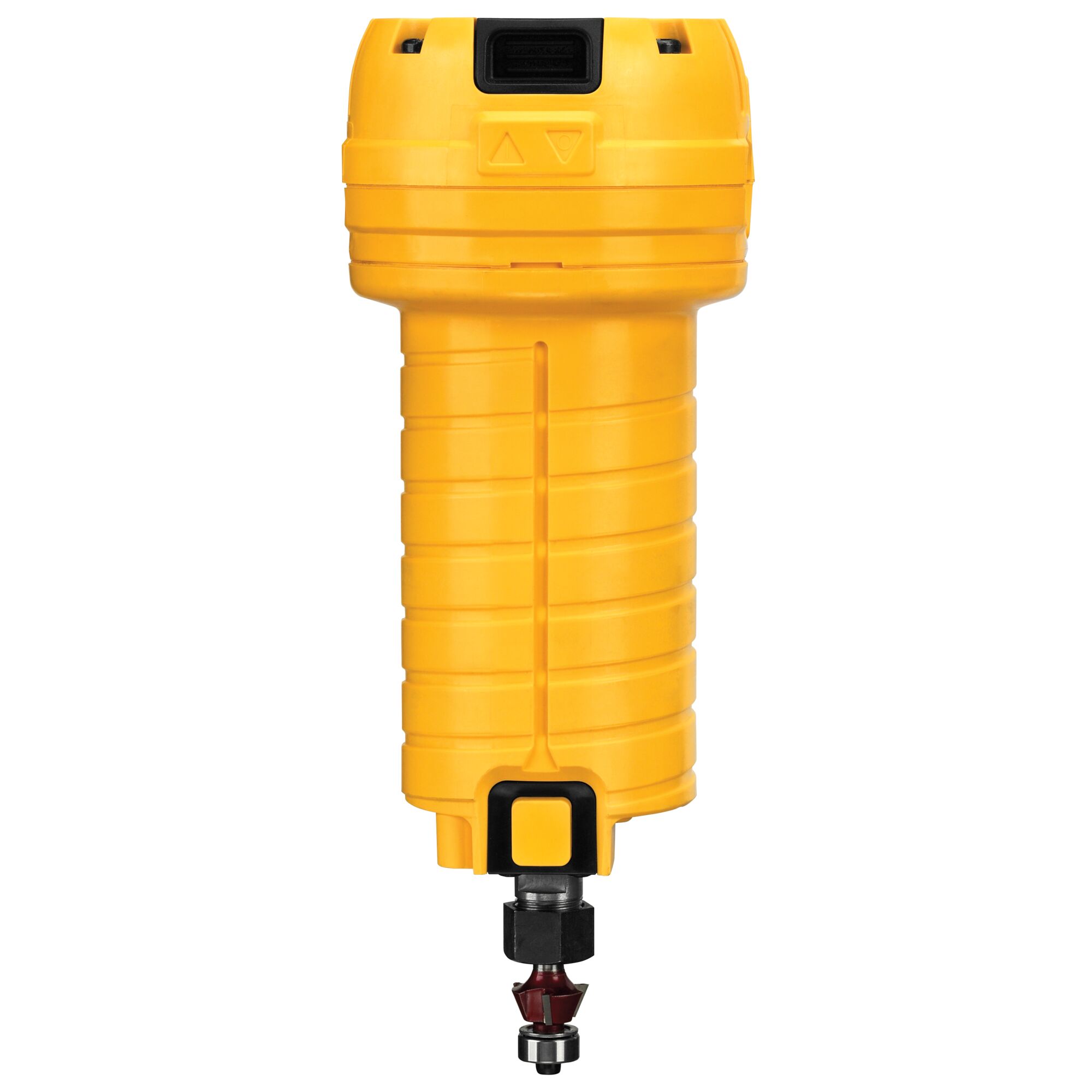 A yellow DEWALT compact router tool, shown upright with a visible bit at the bottom, designed for woodworking and fine carpentry tasks.