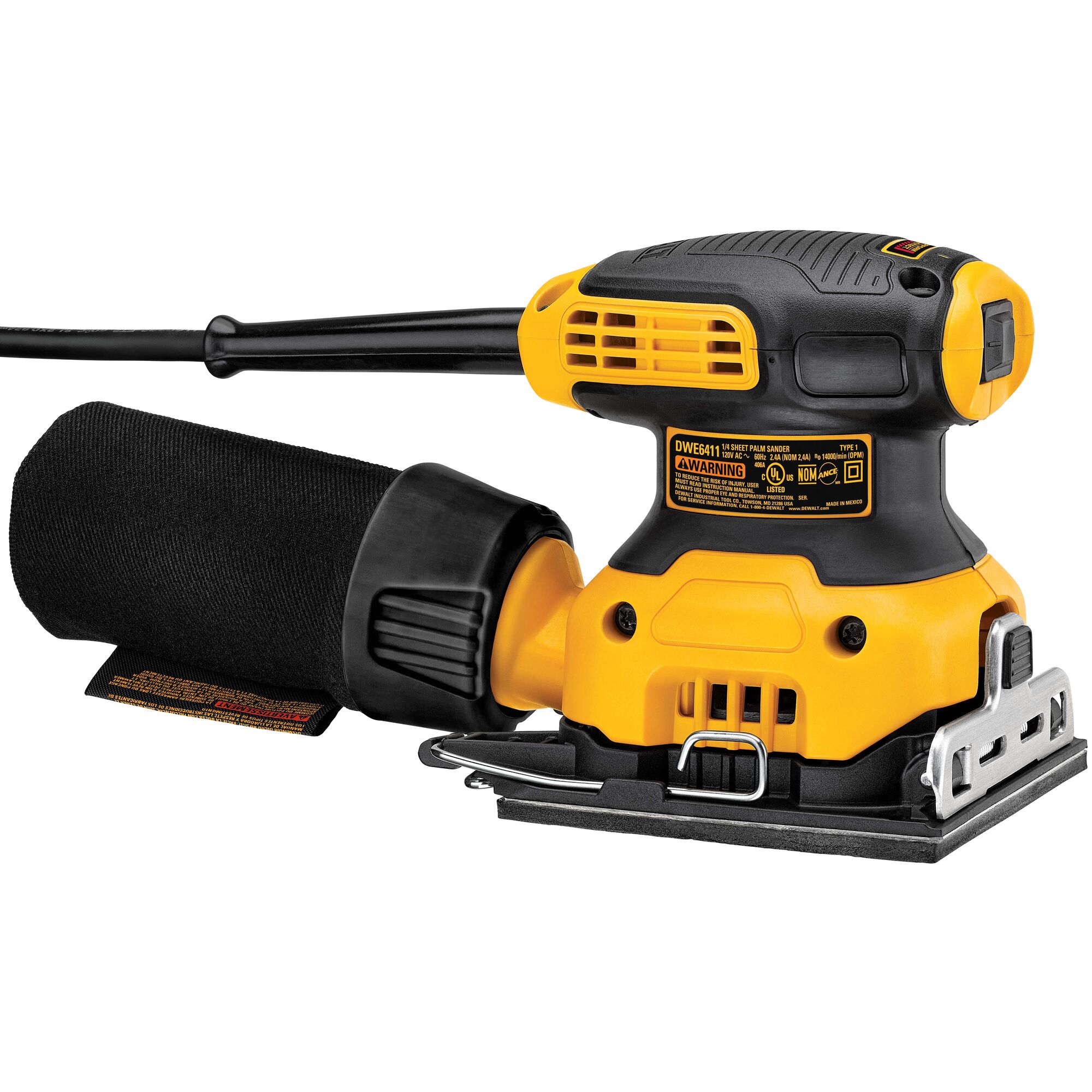 A DEWALT DWE6411 palm sander with a yellow and black body, a dust bag attached to the side, and a rectangular sanding pad.