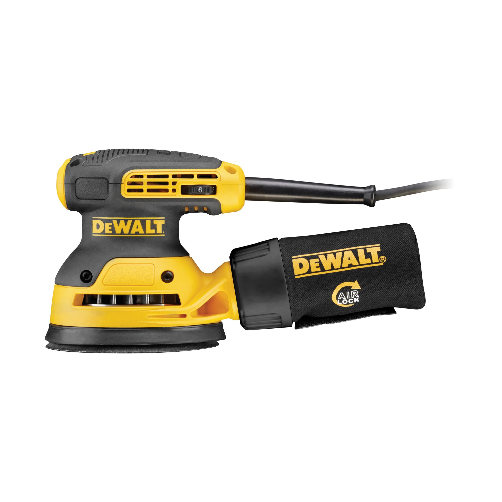 DEWALT DWE6423 yellow and black electric random orbital sander with attached dust collection bag, displayed on a white background.