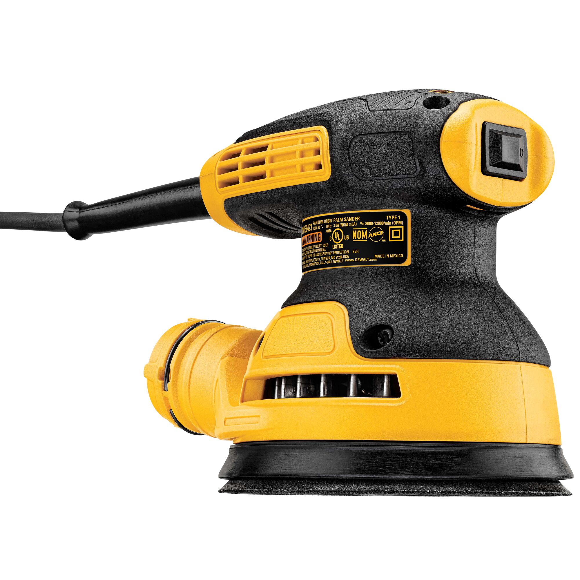 A DEWALT electric palm sander with a yellow and black design, featuring a power cord and a dust collection attachment.