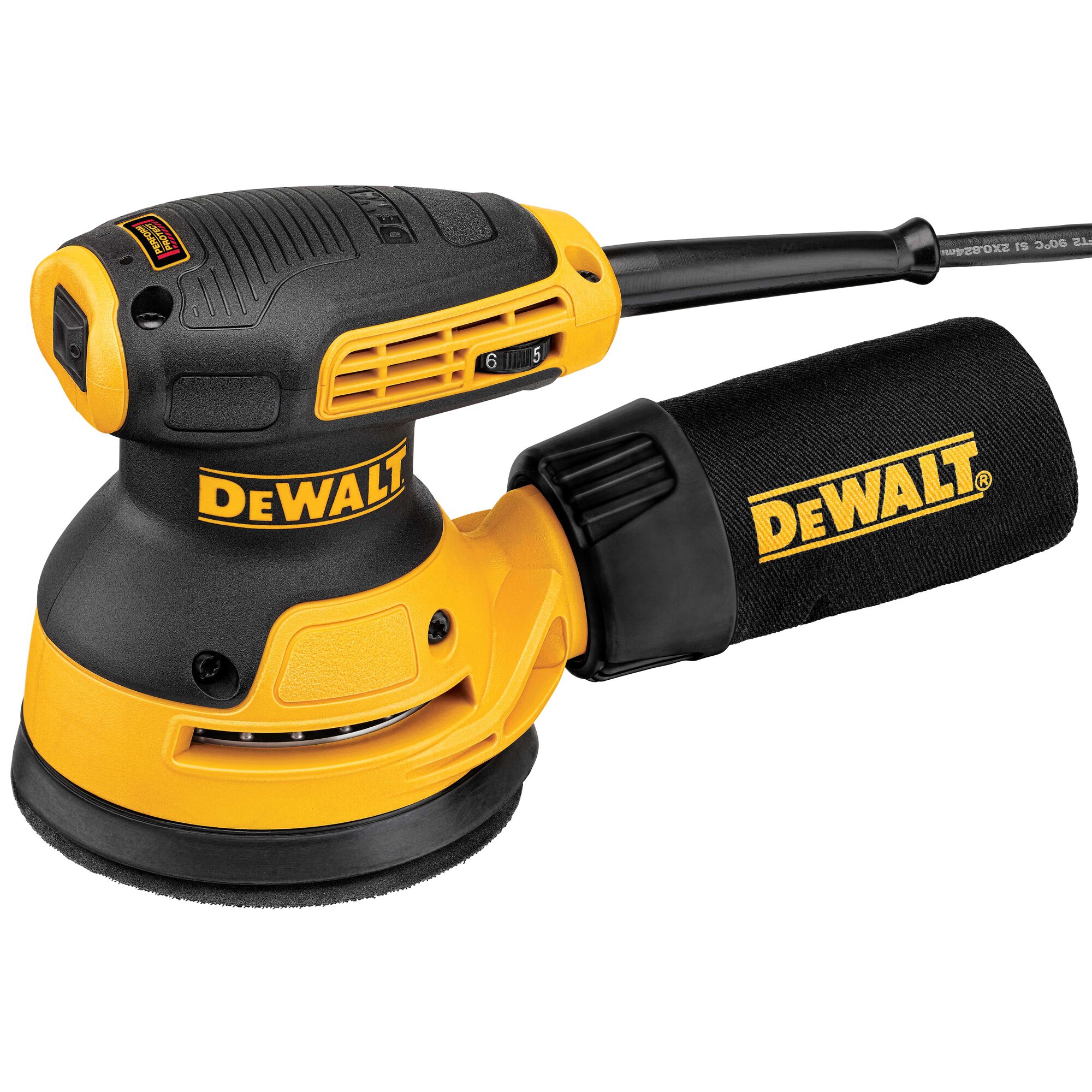 A DEWALT brand electric random orbital sander with a dust collection bag, featuring a yellow and black design and a power cord attached.