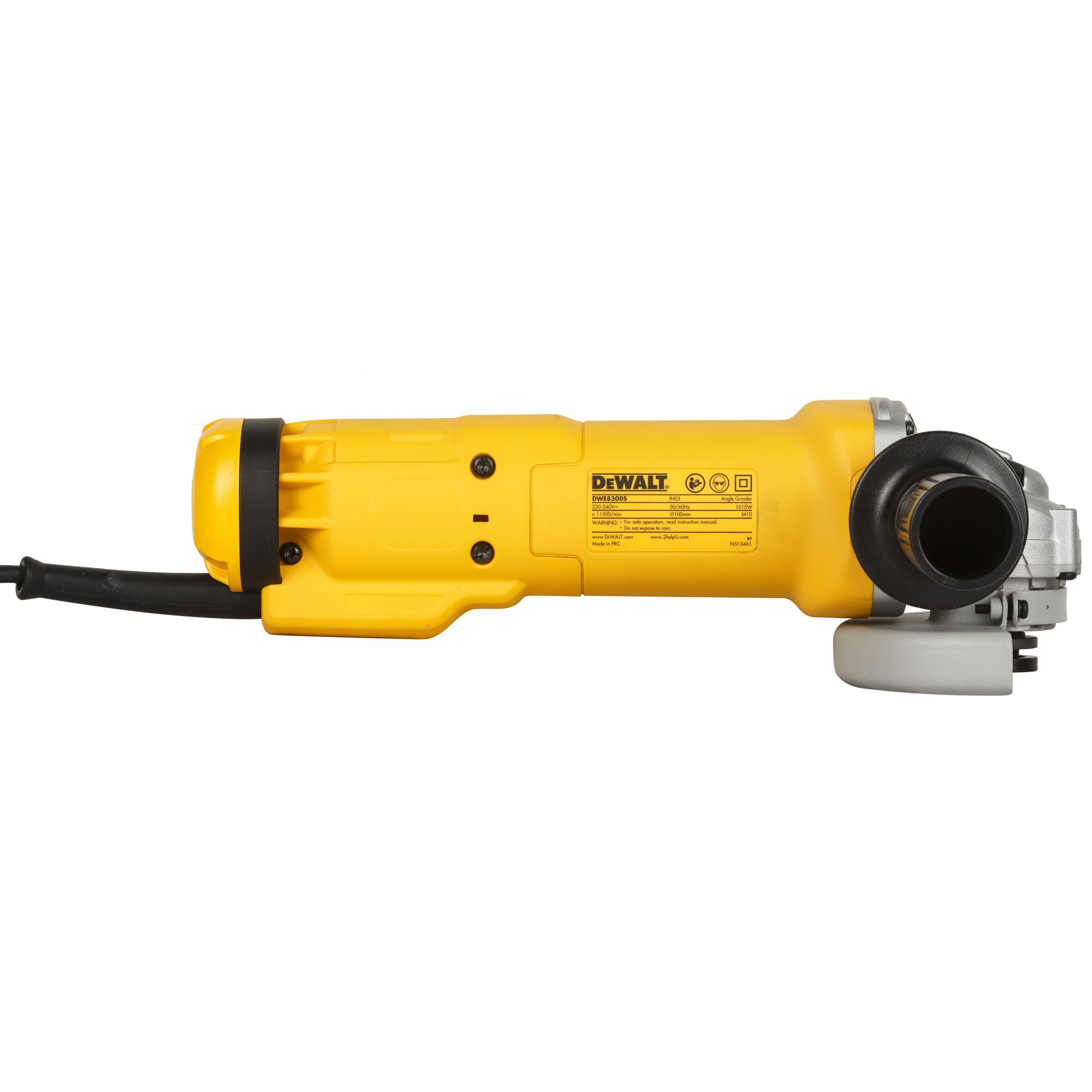 Side view of a yellow DEWALT corded angle grinder, model DWE8300S, with a black and silver handle and a power cable attached.