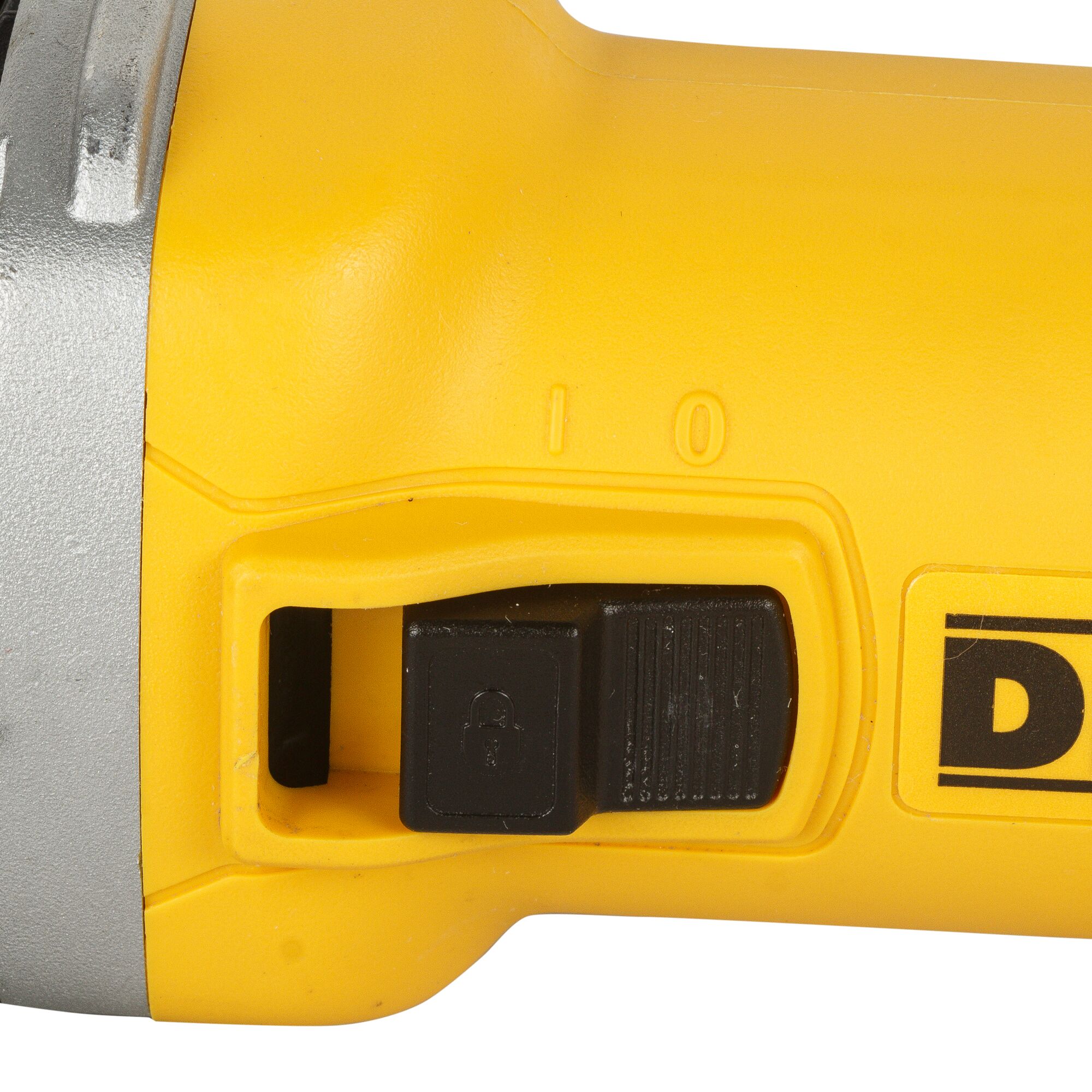 Close-up view of the yellow body and black power switch of a DEWALT power tool, showing details of the lock mechanism and ON/OFF labeling.