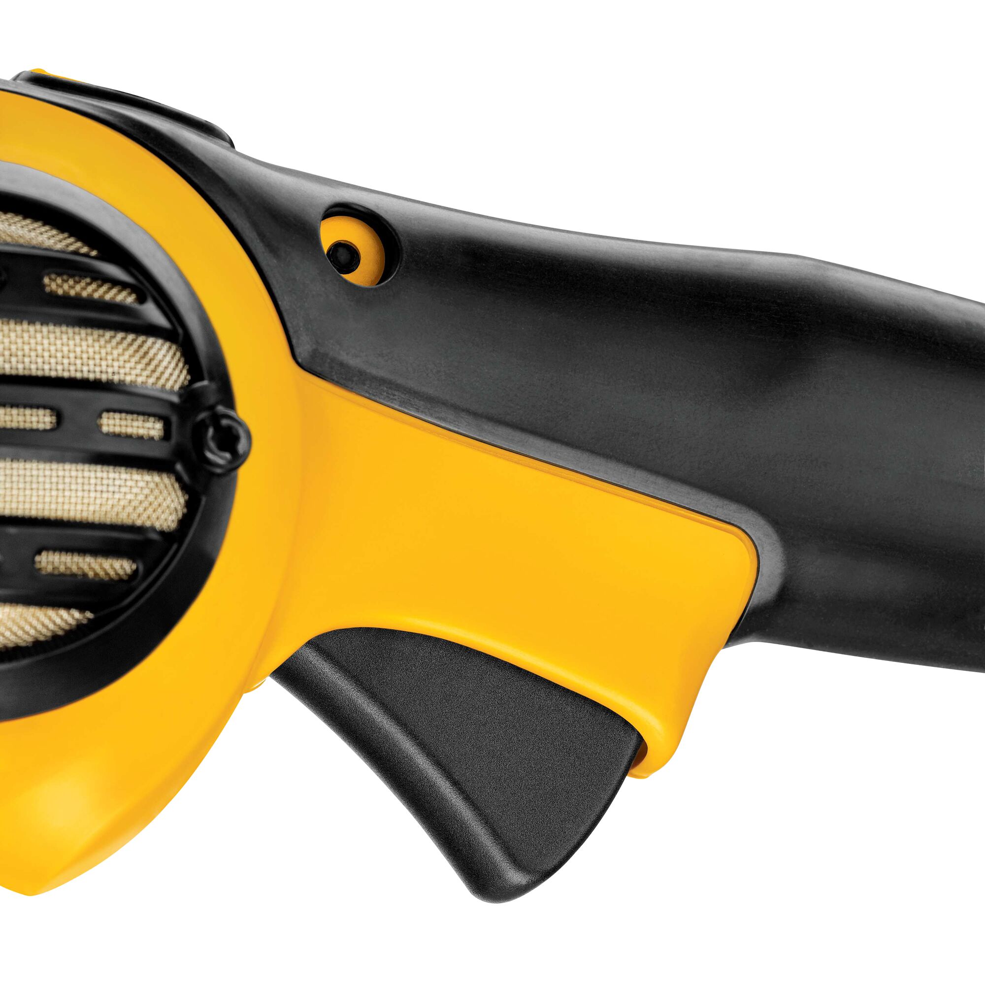 Close-up view of the handle and trigger of a DEWALT power tool, featuring a yellow and black design with part of the vent visible.