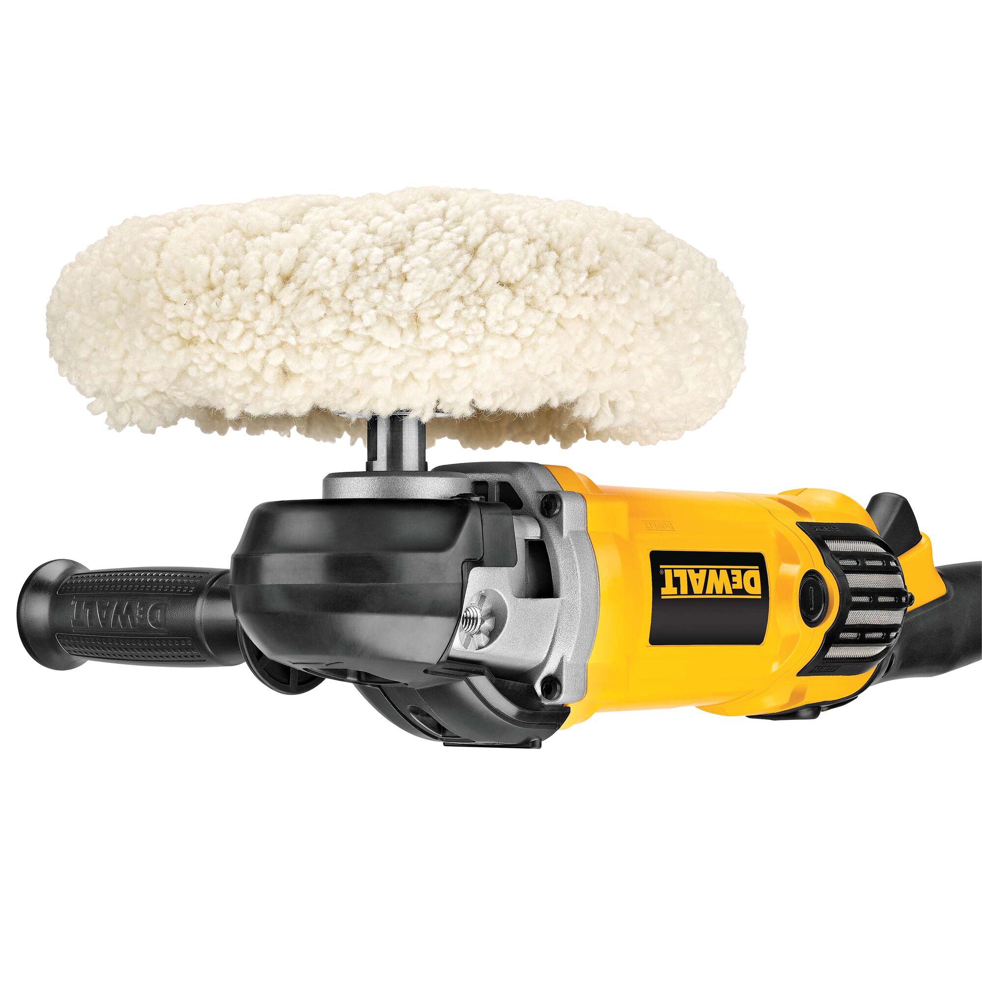 DEWALT DWP849X electric polisher with large wool buffing pad and ergonomic side handle, shown against a white background.