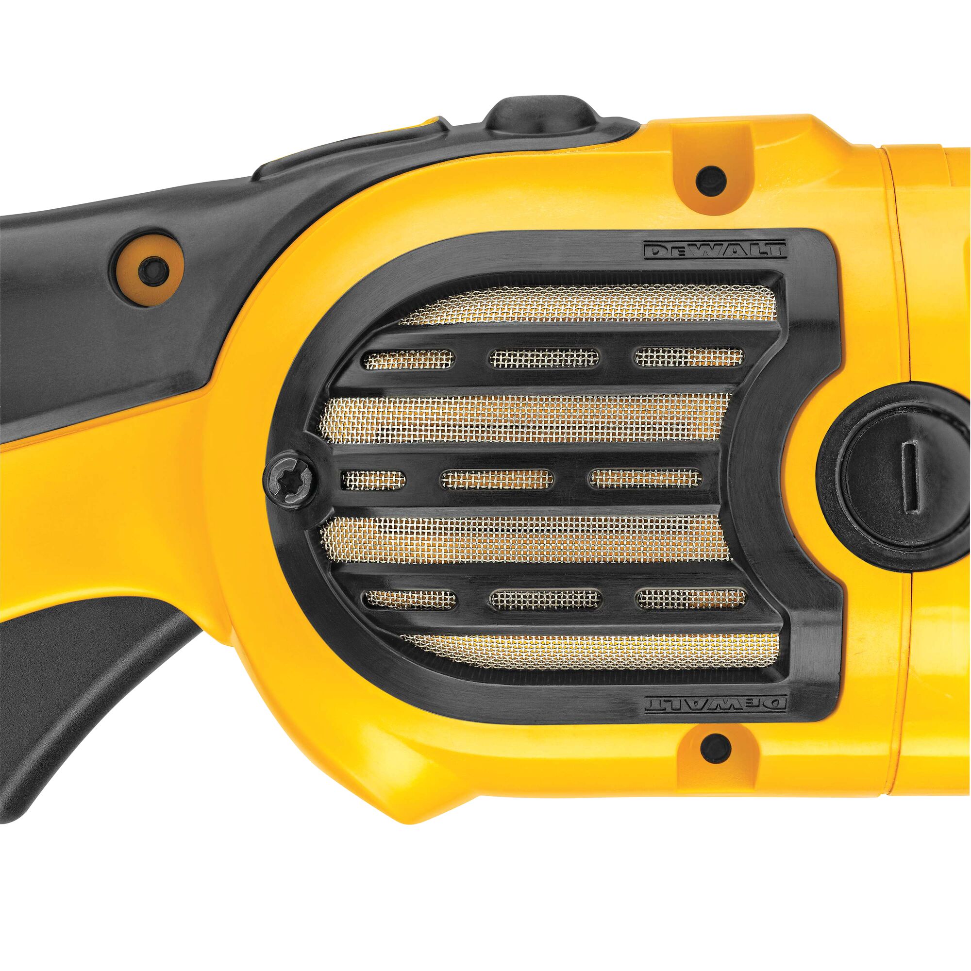 Close-up of the DEWALT DWP849X power tool showing the yellow and black ventilation grill section with visible mesh and branded markings.