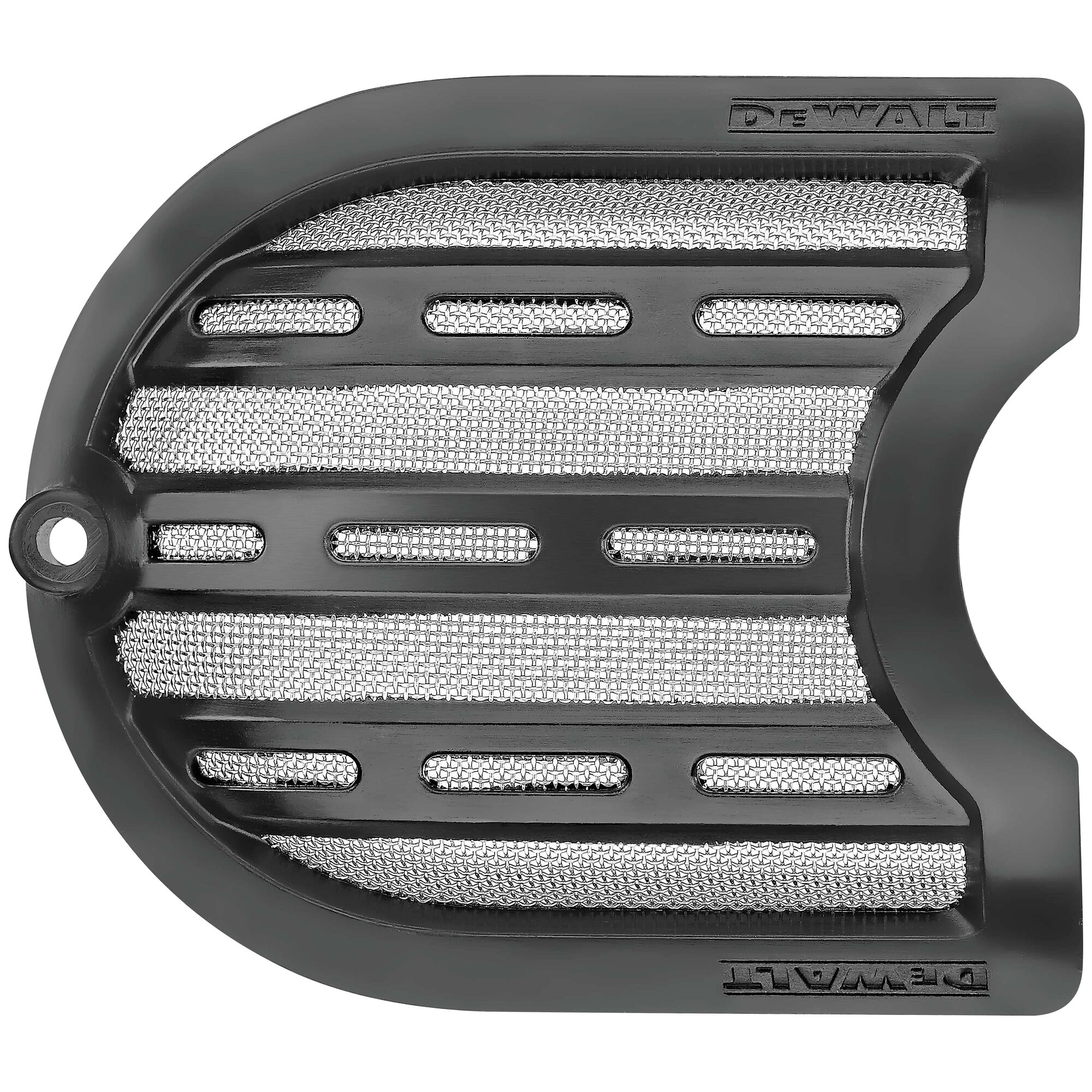 A close-up image of a curved black plastic and metal mesh component with slotted vent openings, branded with DEWALT, likely used as a protective cover or filter for a power tool.