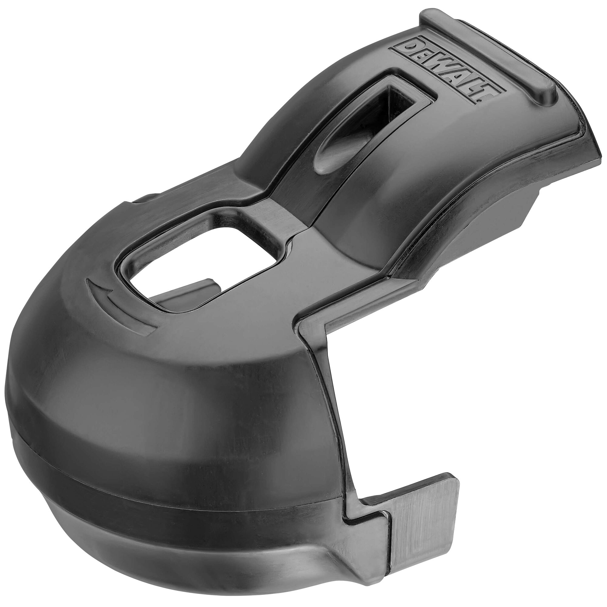 A close-up view of a black plastic attachment part labeled DEWALT, designed for use with power tools.