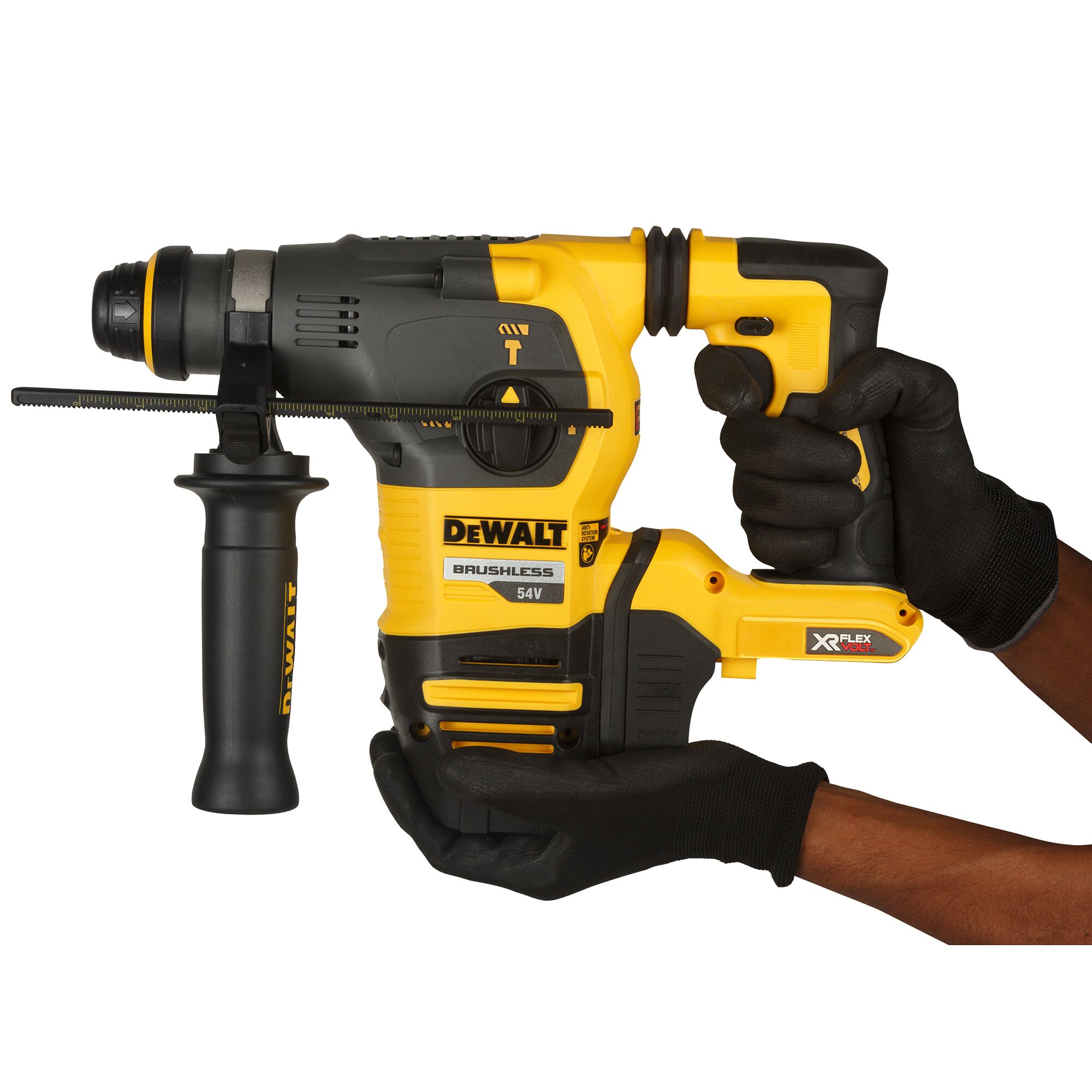 Gloved hands holding the 54V XR FLEXVOLT 30mm SDS-Plus Hammer Drill